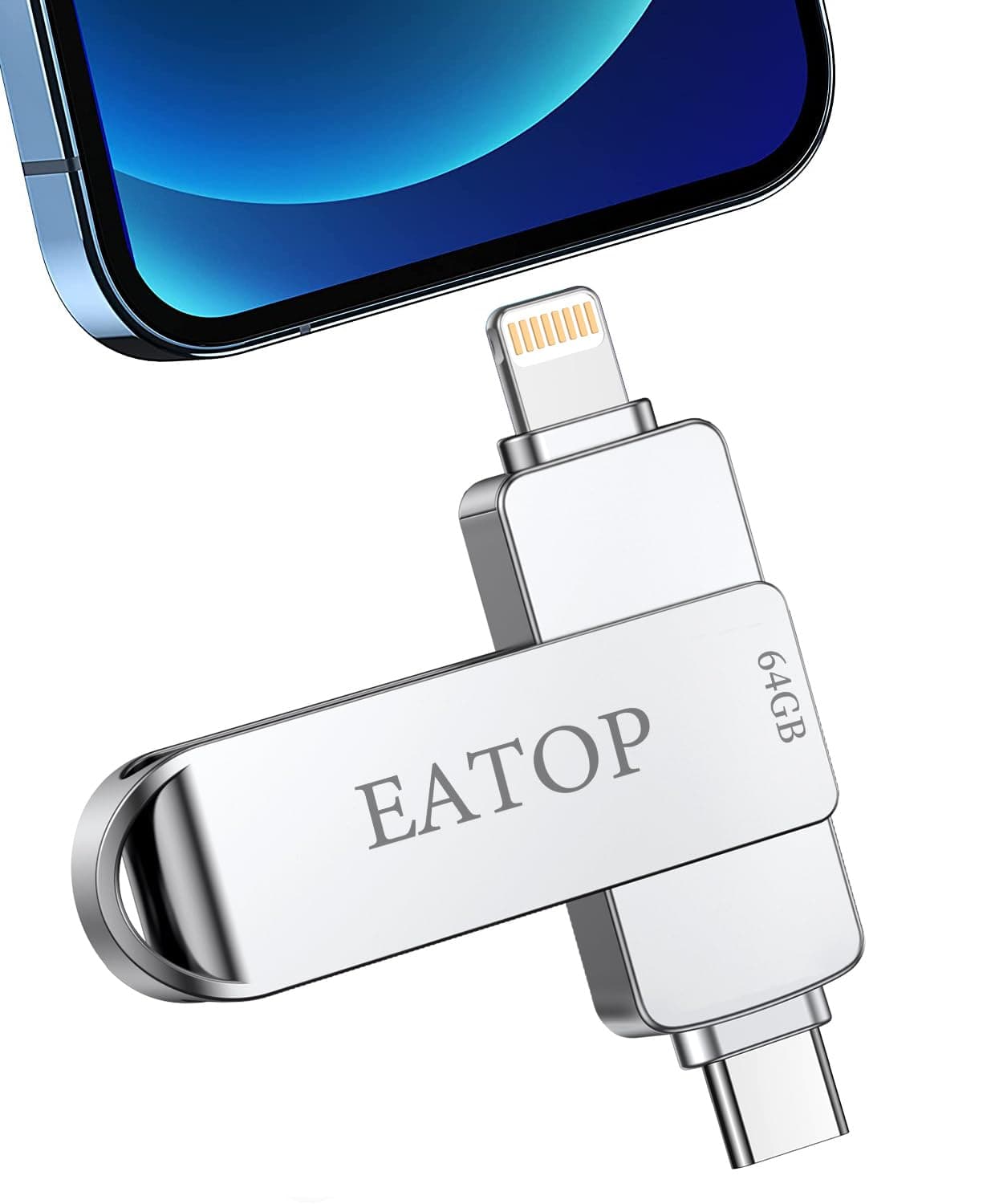 EATOP 64GB Photo Stick for iPhone Flash Drive, iPhone Memory Stick Thumb Drives External Storage Compatible with iPhone/iPad/PC (Silver)