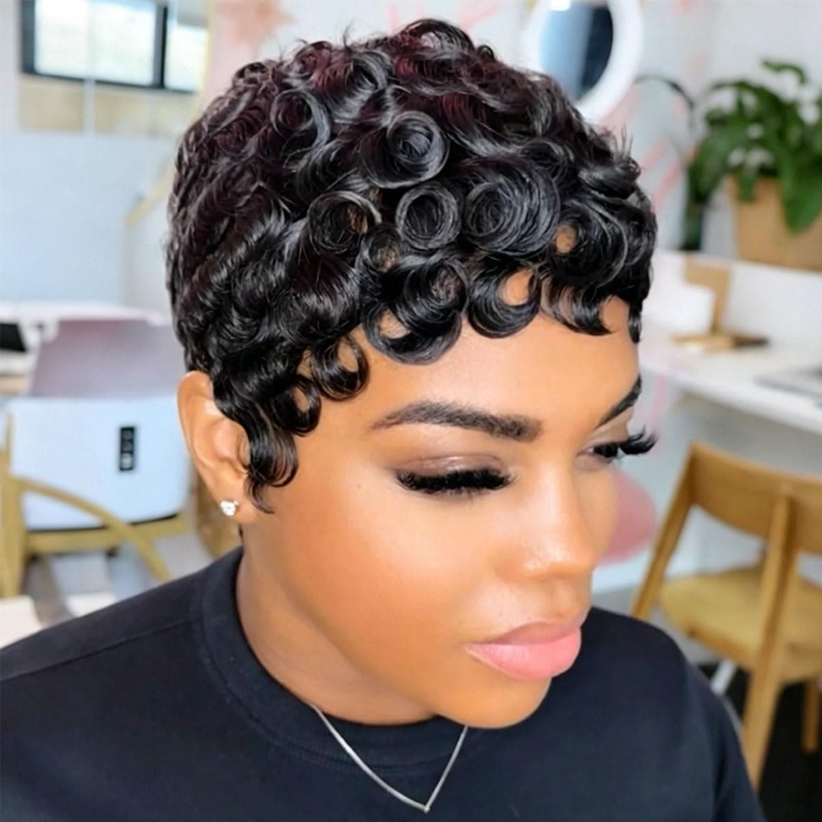 MOONSHOW Short Wigs for Black Women Afro Curly Wig for Black Women Pixie Cut Wig Haircut Natural Black Short Pixie Wigs for Black Women Synthetic Afro Curly Finger Wave Hair Wig