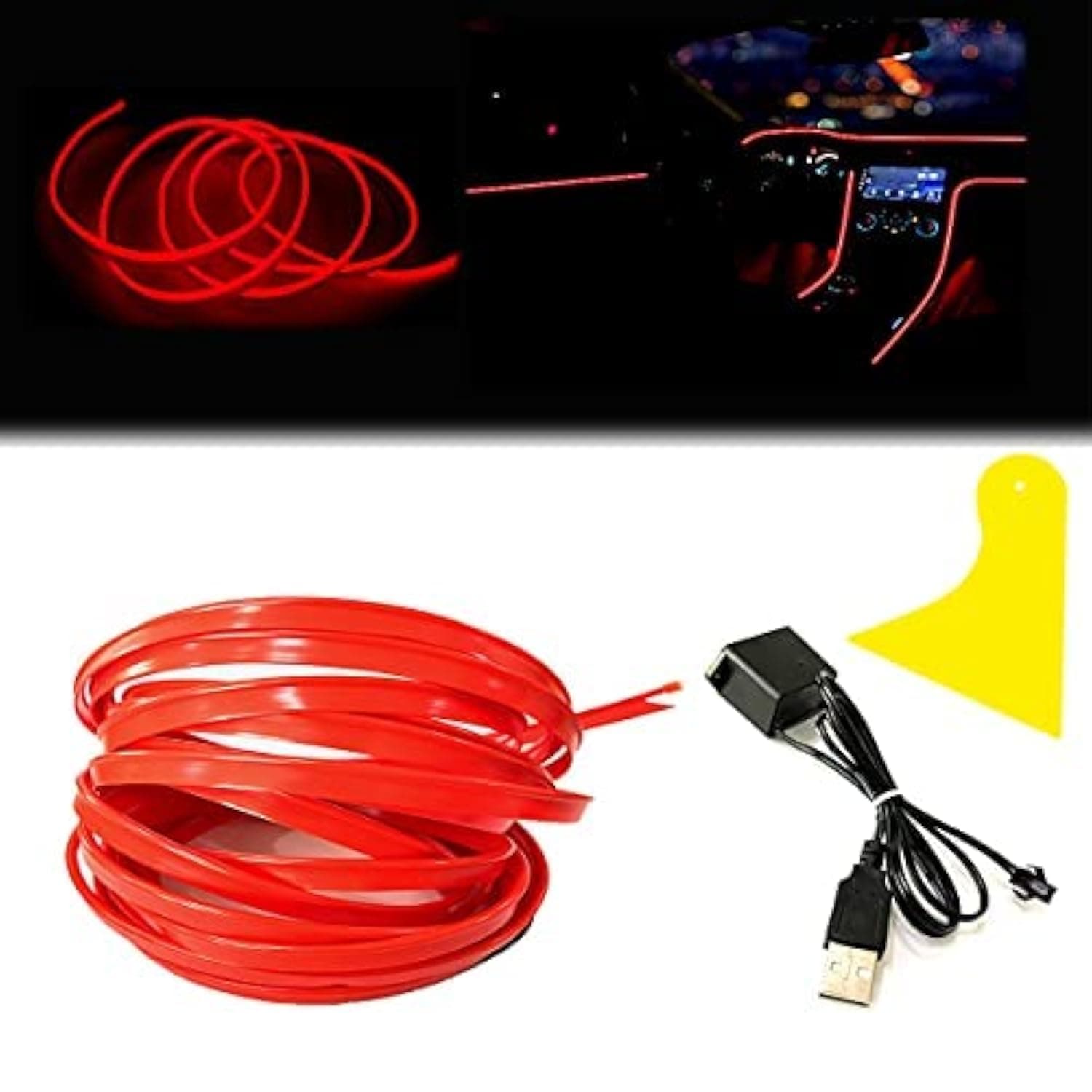 El Wire Red Interior Car LED Strip Lights, 2M Neon Wire USB 5V with Fuse Protection for Automotive Interior Decoration, with 6mm Sewing Edge