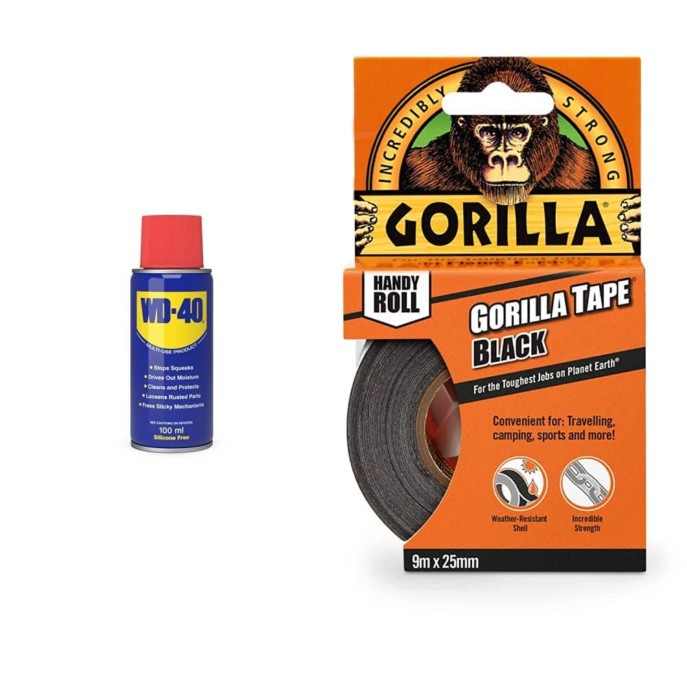 WD-40 Multi-Use Product Original Spray Can 100ml & Gorilla Tape Handy Roll Black 9m