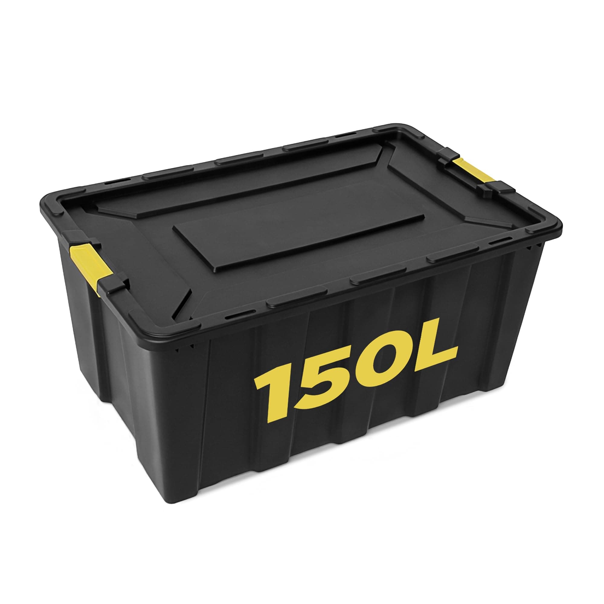 Large Plastic Storage Box with Lid - 150 Liters Capacity - Heavy Duty Black Container 36.2 x 22.8 x 16.5 in ( 92x58x42 cm) with Lockable Feature, Handles, and Strong Clips for Garage, Attic, Shed