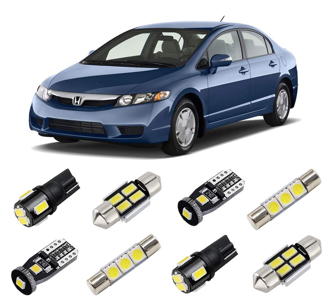 White Interior LED Lights Kit for 2001-2011 Honda Civic Sedan/Coupe Super Bright 6000K Interior LED Light Bulbs Package + License Plate Lights and Install Tool
