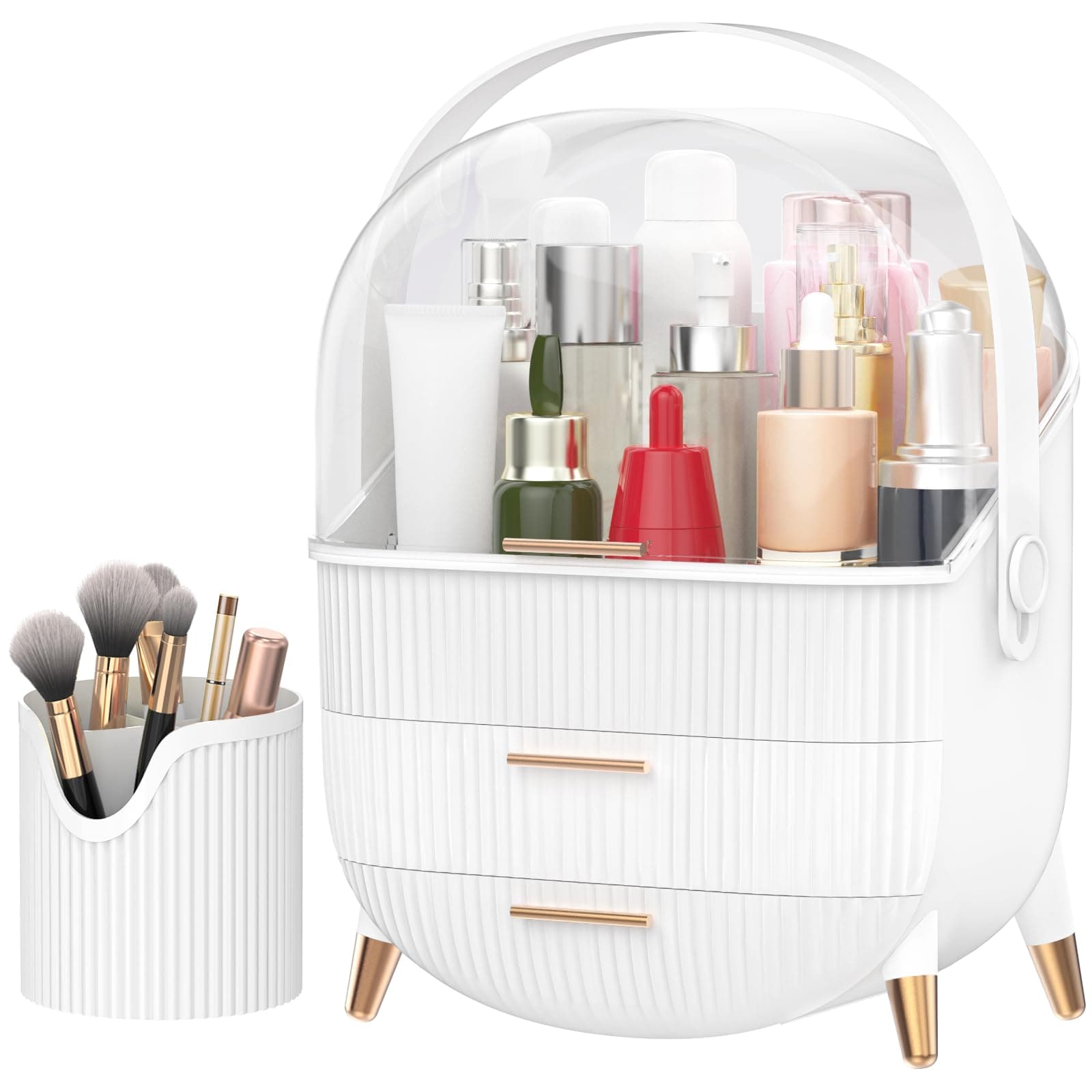 FORTHEE Makeup Organizer, Cosmetics Organizer Display Case with Two Drawers and Brush Storage Box, Skincare Organizer Box Suitable for Bathroom Countertop and Bedroom Vanity Dresser (White)