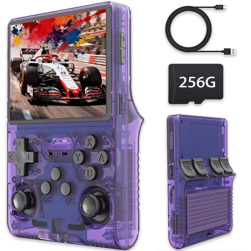 R40S Pro Retro Game Console,Portable Handheld Video Game Console ,3.5 inch IPS Screen with 256G Card &30000+ Games,Built in 45 Emulators,3800mAh Battery (Purple)