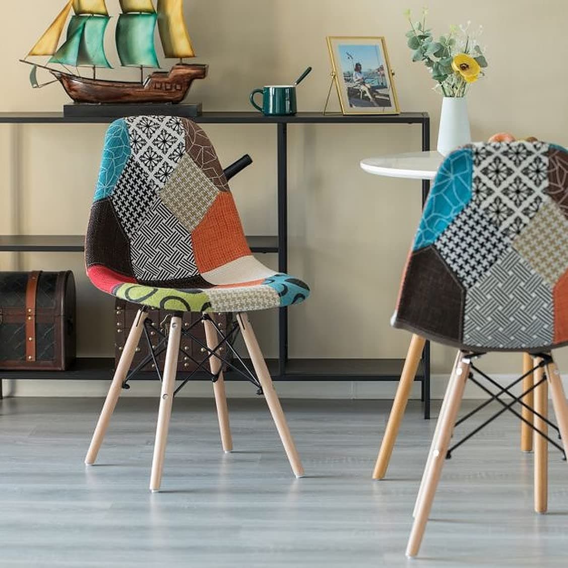My Art Design - Set of 2 Multicolor Patchwork Modern Upholstered Style Side Fabric Chair for Home, Cafe, Hotel & Office