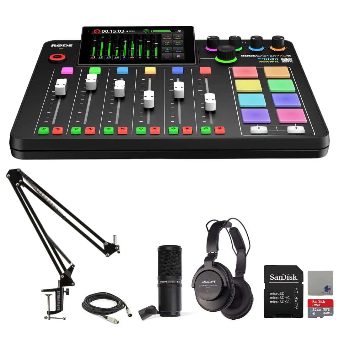 Rode RODECaster Pro II Audio Production Studio Bundle with Zoom ZDM-1 Podcast Mic Pack, StreamEye Adjustable Boom Arm, 32GB microSD Card and StreamEye Polishing Cloth