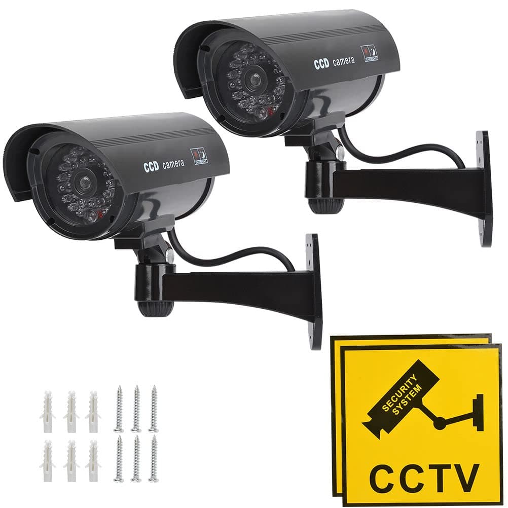 TIMESETL 2Pack Dummy Camera Waterproof Bullet Shape Black Fake Security Camera with Red Flashing LED + Yellow CCTV Signs, Wireless Wall Mount Plugs + Screws