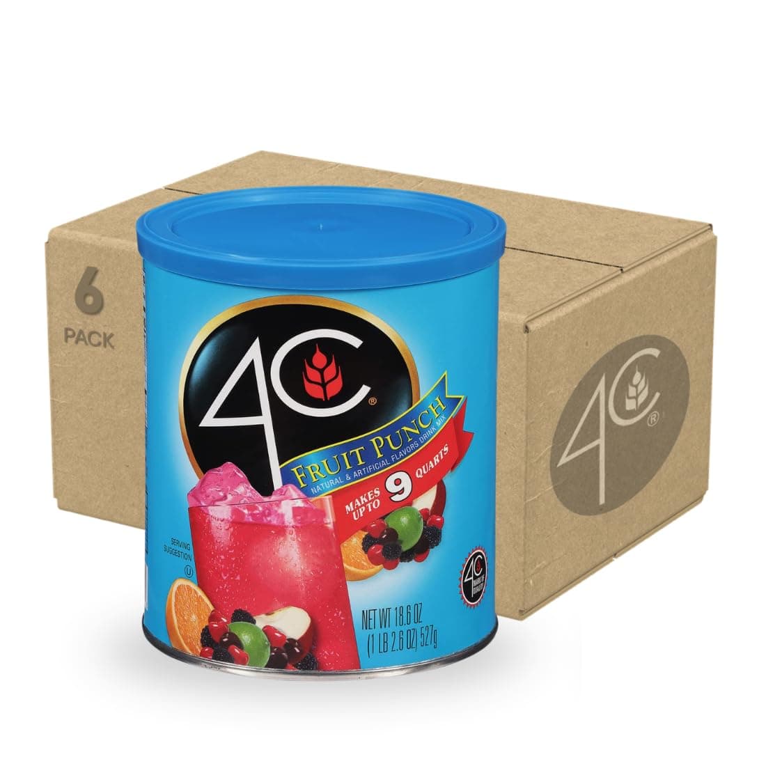 4C Powdered Drink Mix Canister, Fruit Punch 6 Pack, 9 Quarts, Family Sized Bin, Thirst Quenching Flavors