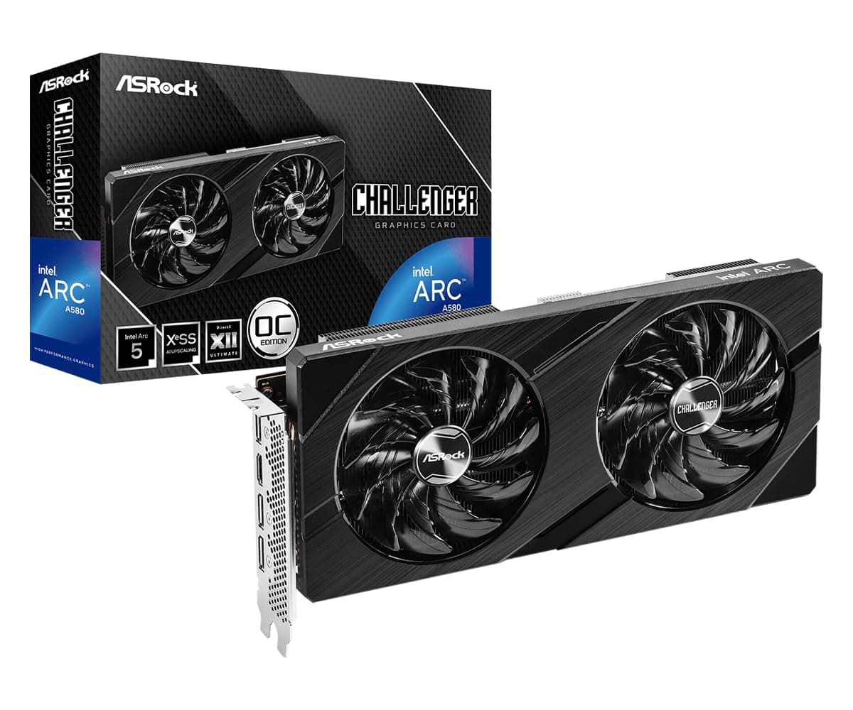 ASRock Intel Arc A580 Challenger 8GB OC Graphics Card, Intel Xe HPG Architecture, 8GB GDDR6, PCIe 4.0, Dual Fans, 0dB Silent Cooling, DisplayPort 2.0