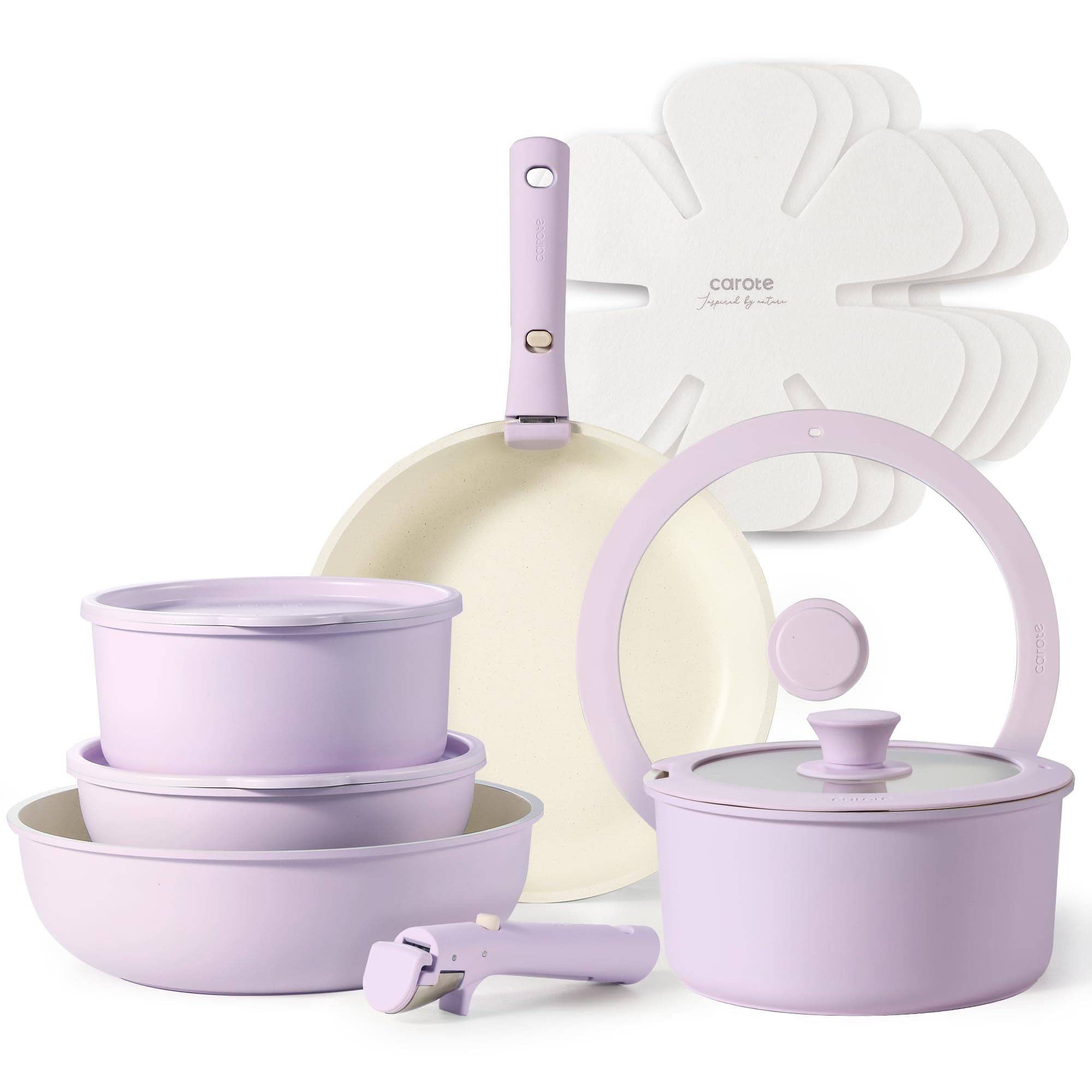 CAROTE Pots and Pans Set Non Stick, Cookware Sets, 15pcs Kitchen Set, Oven/Fridge Safe, Space Saving Pots Set, Nonstick Set with Versatile Removable/Detachable Handle, Induction RV Set, Purple