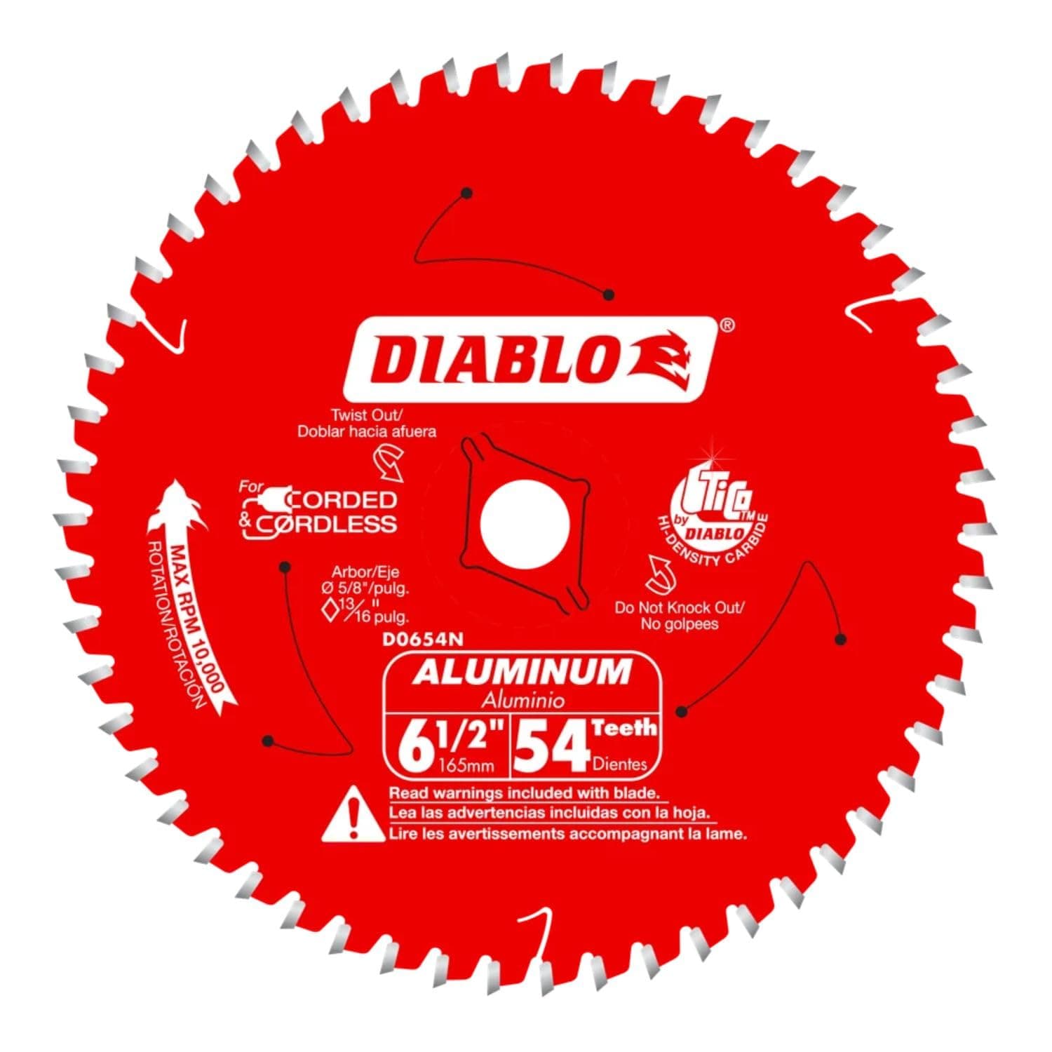 DiabloSaw Blade for Medium Aluminum - 6-1/2" Diameter, 54 TCG Teeth, 5/8" Arbor, .083" Kerf, 0° Hook Angle, .063" Plate, 10000 Max RPM - D0654N
