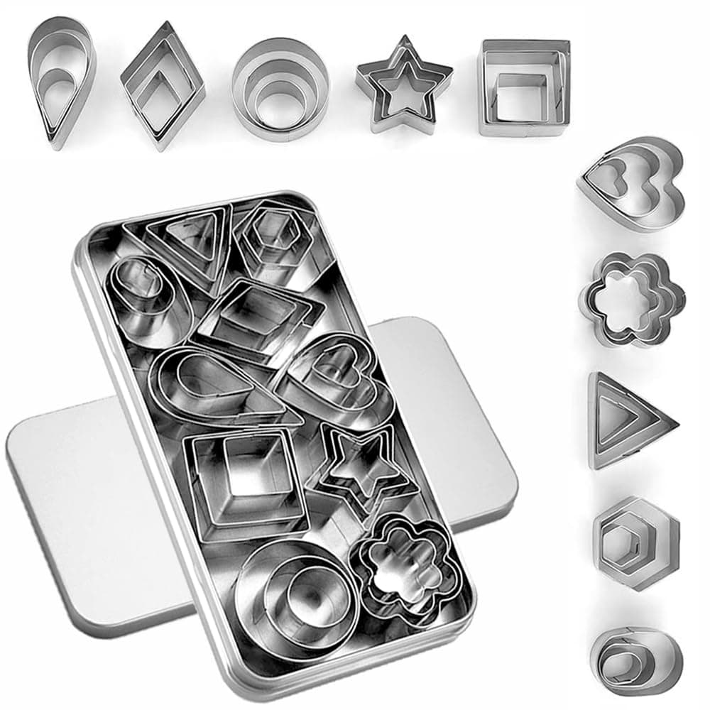 30Pcs Mini Cookie Cutter Set with Box, Small Stainless Steel Fruit Veggie Tiny Polymer Clay Cutters for Kids, Geometric Set for Biscuit Mold