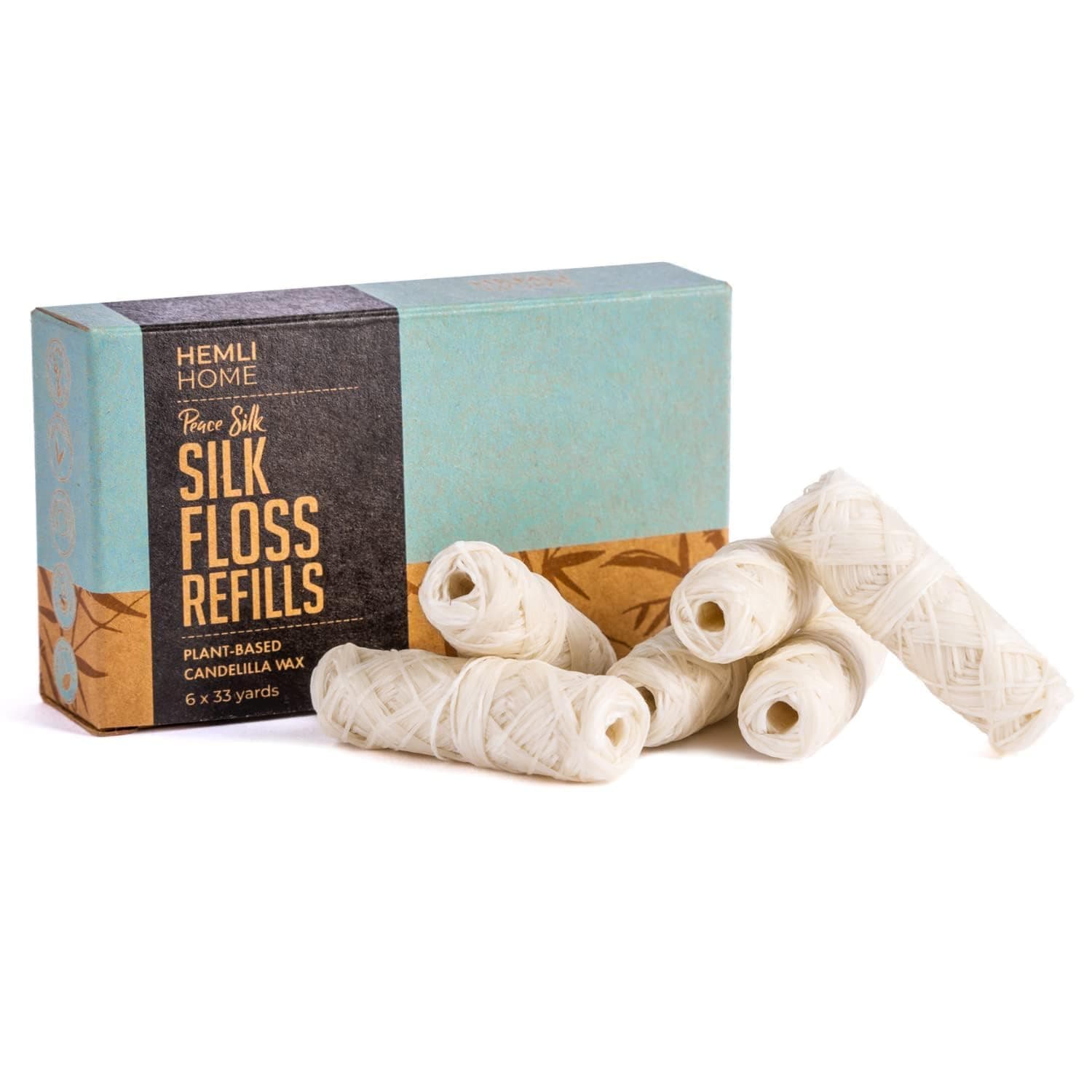 Biodegradable Silk Dental Floss - Six Pack - Compostable Peace Silk Dental Floss Refills - 6 x 33 Yards - Eco-Friendly Mint Candelilla Wax