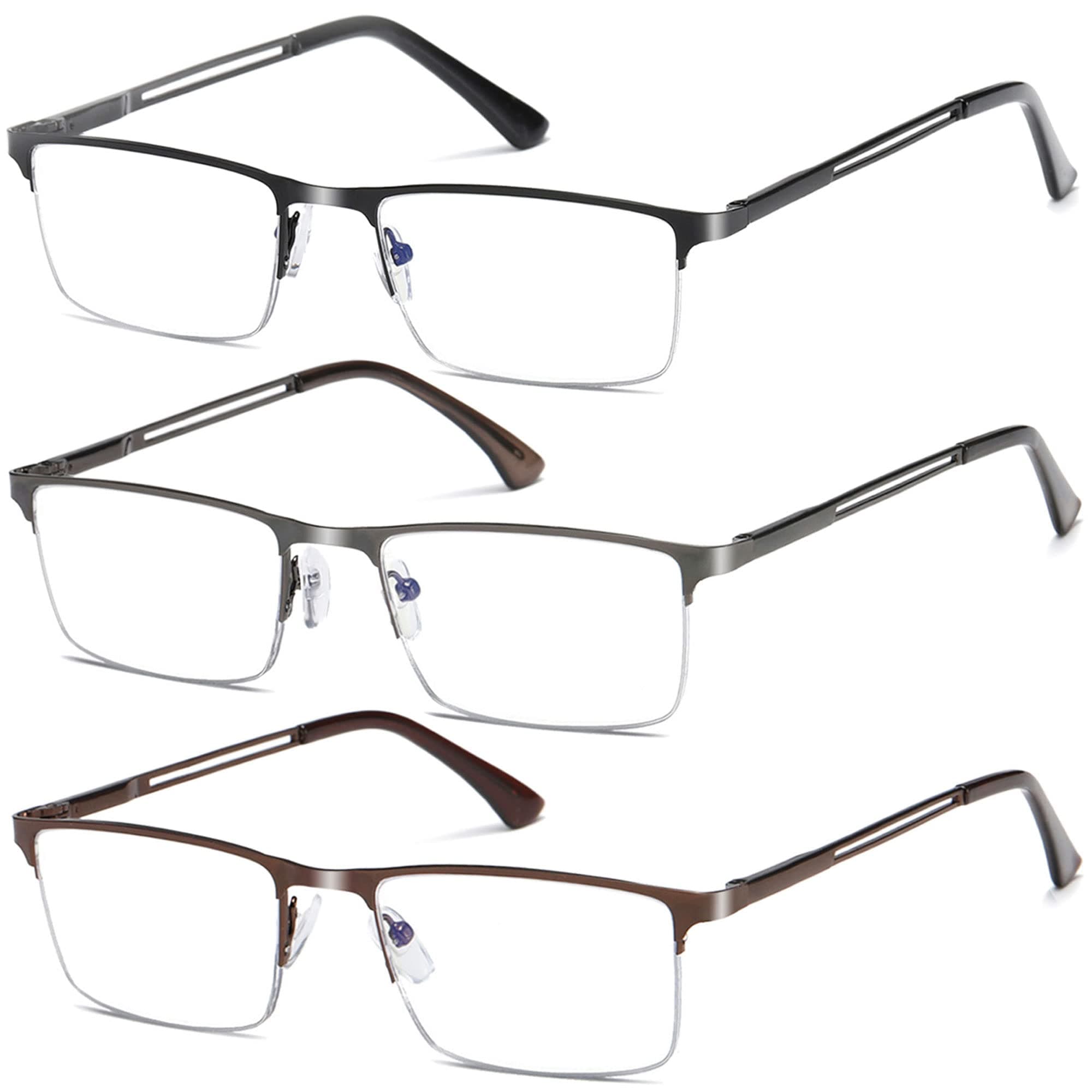 for Men Blue Light Blocking Reading Glasses, Half Frame Metal Readers with Spring Hinge, 3-Pack