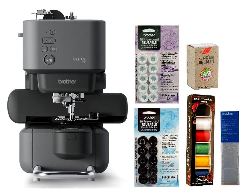 PP1 Skitch Single-Needle Embroidery Machine and 6-Piece Thread Set, 20 Bobbins, 100-Piece 75/11 Embroidery Needles, Stabilizer Roll
