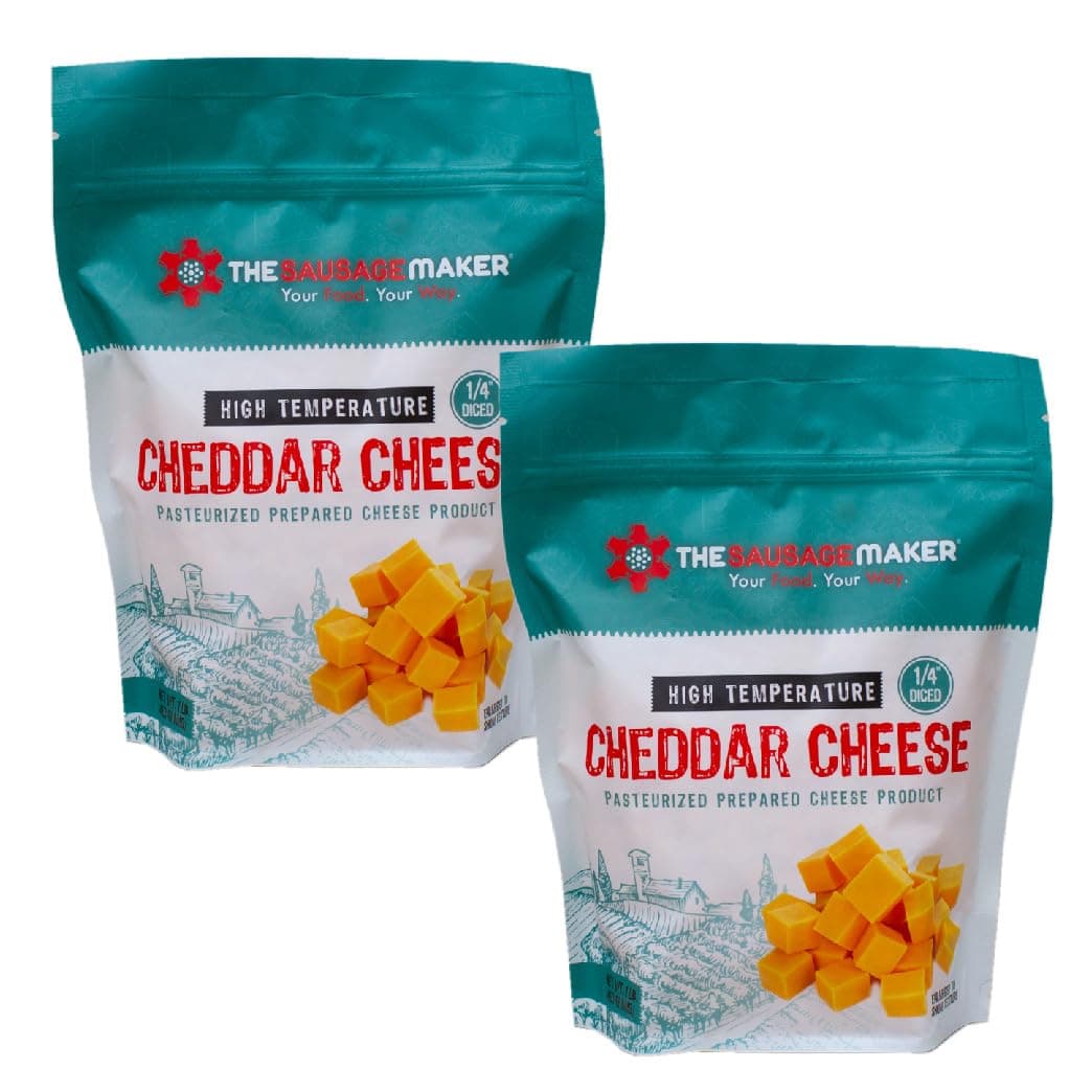 The Sausage Maker® High Temp Cheddar Cheese 2 Lbs Hi-Temp Cheese For Sausage Making, 1/4 Inch Diced Cube, 400° Temperature High Heat Cheese For Grilling, Salami, Snack Sticks, Summer Sausage