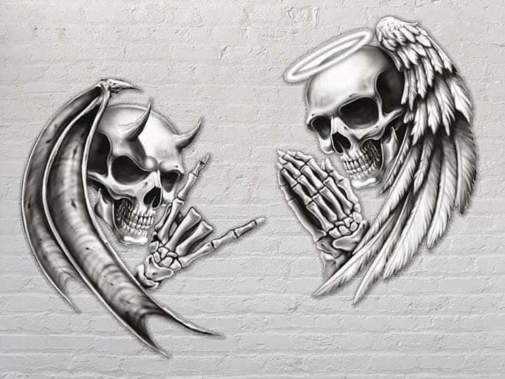 2 Pack Devil Death Skull Angel Life Skull Bumper Vinyl Sticker for Car, Truck, Motorcycle, Helmet| 4.5 Inch Each | AG-682