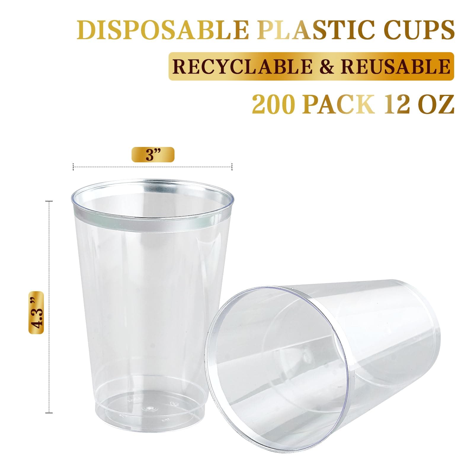 FOCUSLINE 200 Pack 12 oz Silver Rimmed Plastic Cups, Clear Plastic Cups 12 Ounce Tumblers, Heavy-duty & Fancy Disposable Hard Plastic Cups with Silver Rim for Wedding Cups Elegant Party Cups