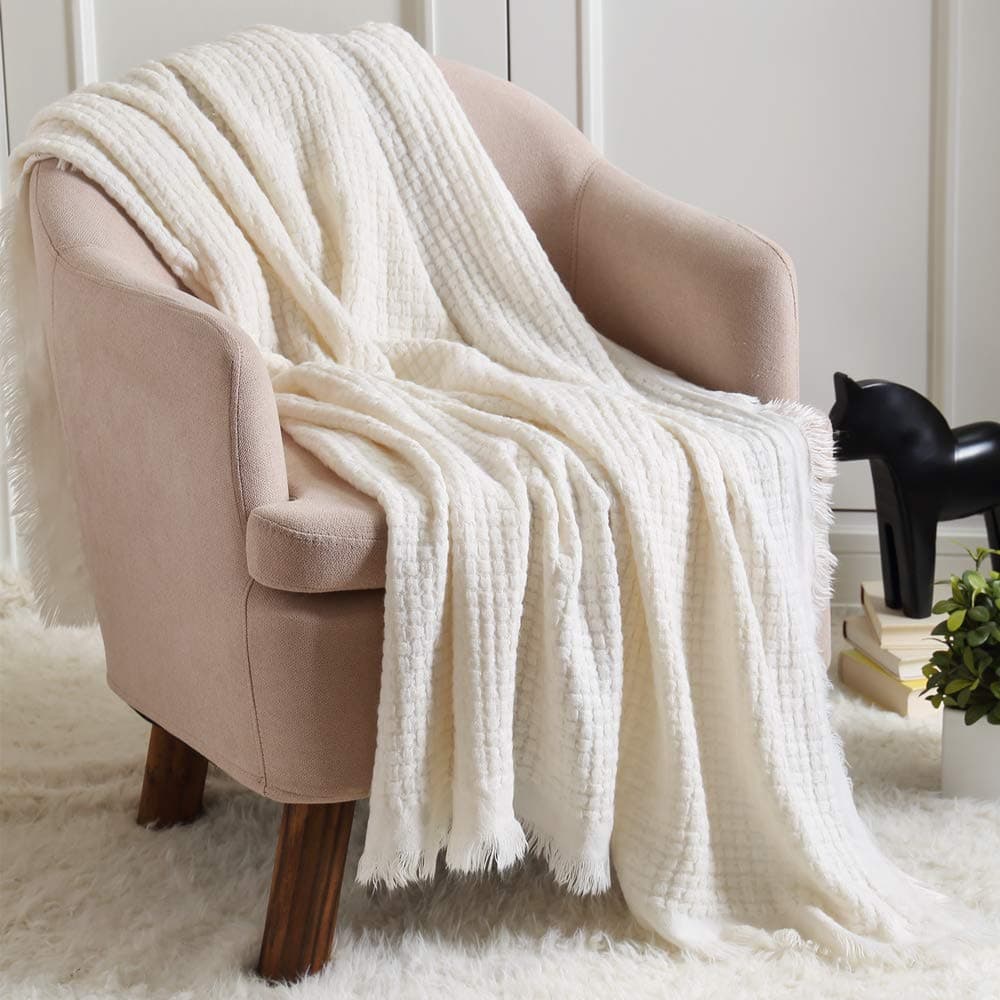 CREVENT Soft Lightweight Boho Crochet Decorative Spring Summer Knitted Throw Blanket for Couch Sofa Chair Bed Home Decoration (127cmX152cmOff White/Ivory)
