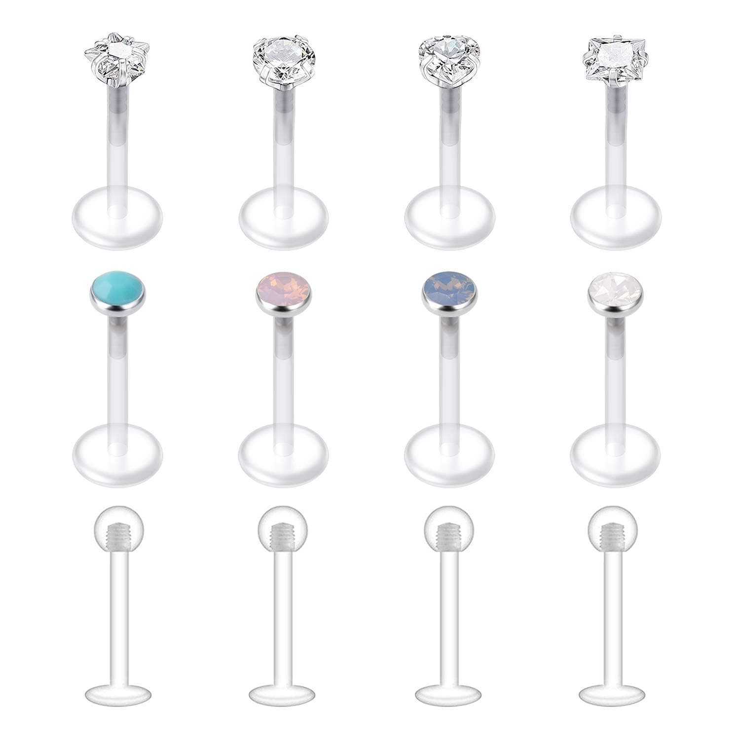 LAURITAMI12pcs Bioflex Labret Retainer Clear Lip Bars Plastic Studs Crystal 8mm 16G Medusa Monroe Lip Piercing Jewellery