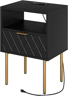 Nightstand,Small Bedside Table with Gold Frame,Morden Night Stand with 2 Drawer,End Table,Side Table with Drawer and Shelf for Bedroom,Living Room (Black-Diamond-Outlet)