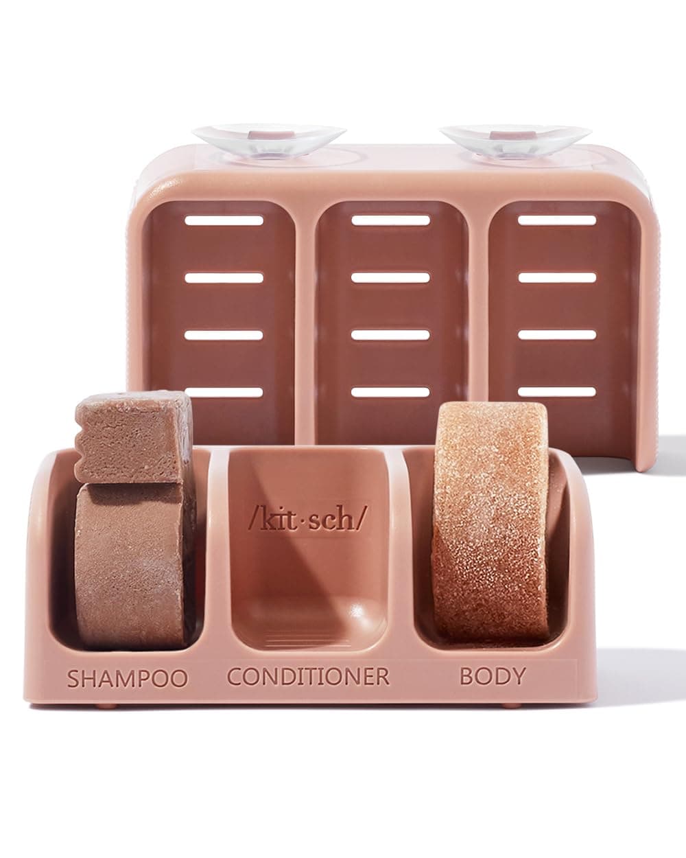 Self-Draining Soap Dish For Shower - Recycled Plastic Bar Holder Shampoo Bar, Conditioner & Body Wash | Chic 3 Bars With Removable Suction Cups