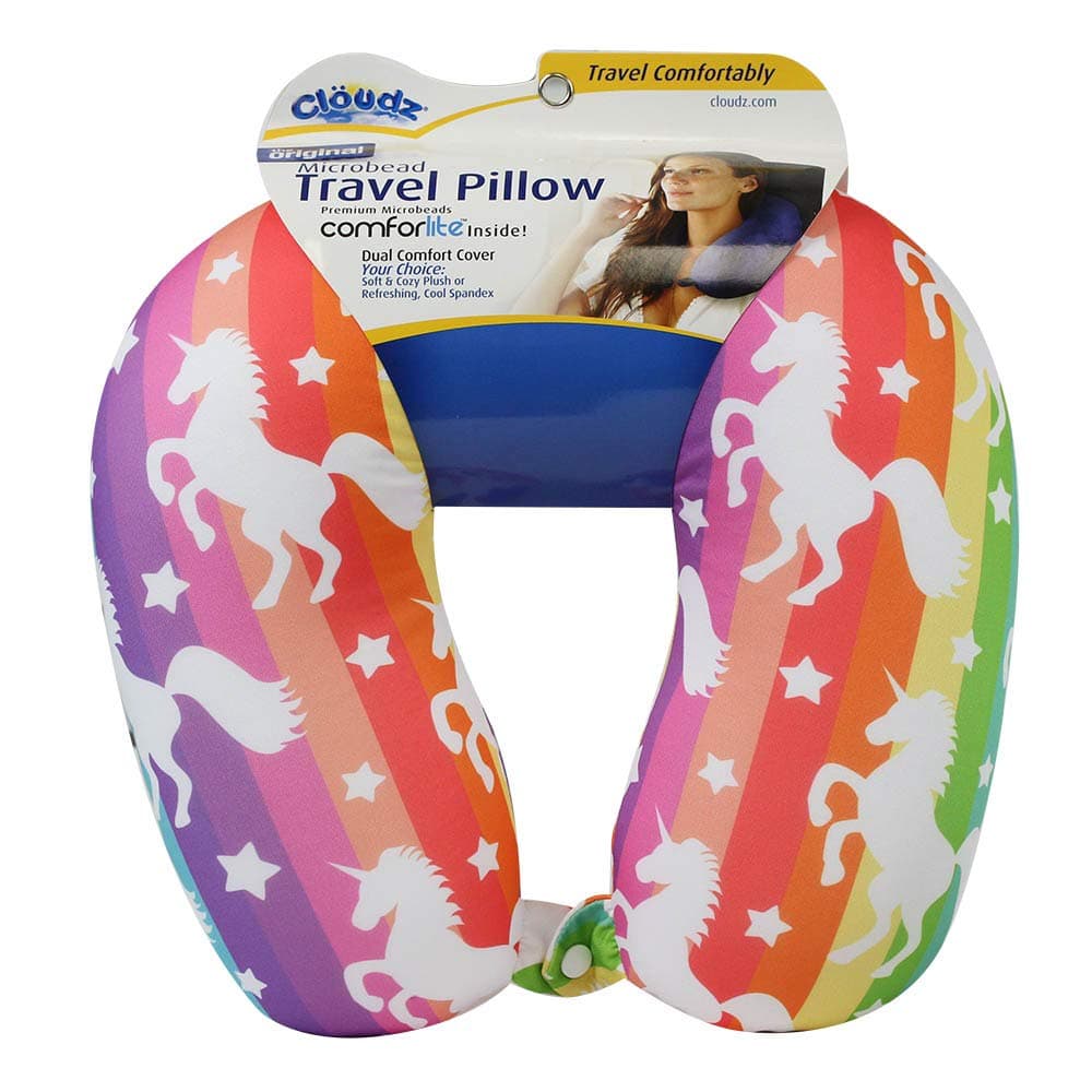 Cloudz Patterned Microbead Airplane Travel Neck Pillow. Customize Your Comfort and Support While Traveling on a Plane, Car, Bus or Train! - Unicorn