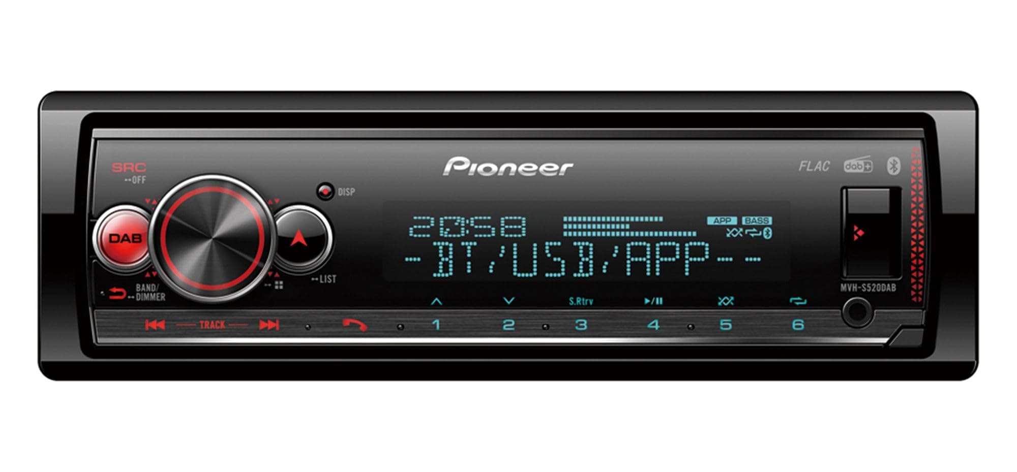 MVH-S520DAB 1-DIN receiver with DAB/DAB+, Bluetooth, multi colour illumination, USB, Spotify, Pioneer Smart Sync App and compatible with Apple and Android devices.