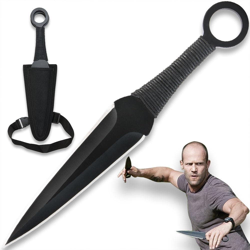 EXPENDABLES Kunai Three-Piece Throwing Knife Set and Sheath - Officially Licensed, One-Piece AUS-6 Stainless Steel, Cord-Wrapped Handle - Genuine Movie Replica for Collecting and Throwing - Length 12