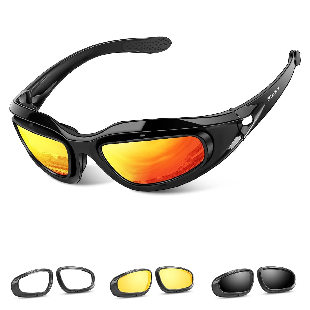 Polarized Motorcycle Riding Glasses Goggles for Men Foam Padding, Windproof Anti-dust Sunglasses w/ 4 Interchangeable Lens Kit & Case, Protective Eyewear for Driving Biking Day and Night