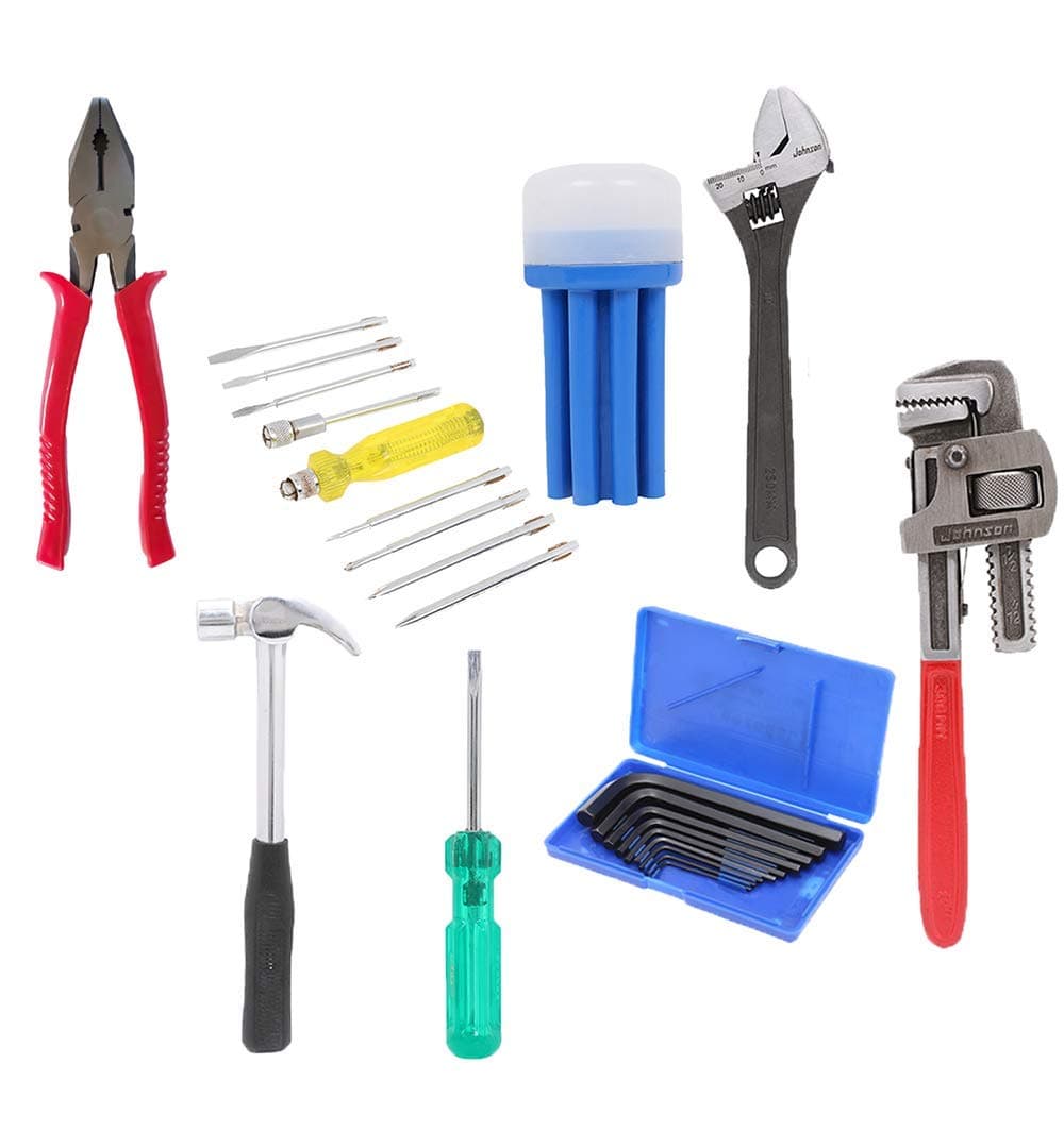 Suzec Johnson Professional Home Kit With Combination Plier, Screwdriver Set, Adjustable Wrench (200 mm), Claw Hammer, Two In One Screw Driver, Allen Key Set & Pipe Wrench (300mm)