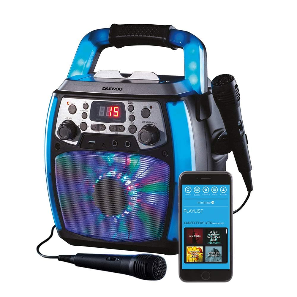 DaewooBluetooth Portable Karaoke Machine with 2 Wired Microphones, LCD Display, Phone/Tablet Holder, 3.5mm AUX Input, CD, MP3, USB Connection, LED Lights & 2 Mic In Jacks - Black