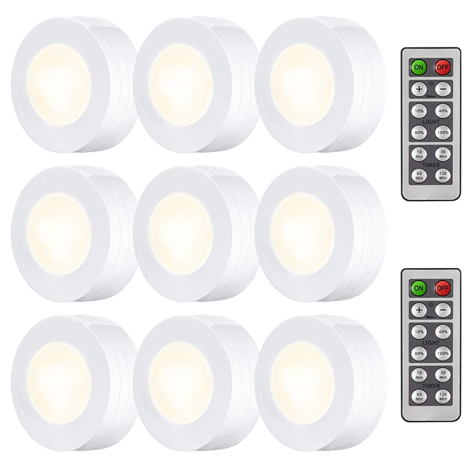 ARVIDSSON LED Under Cabinet Lighting, Wireless LED Puck Lights with Remote, Closet Light Battery Operated, Dimmable Under Counter Lights for Kitchen, Natural White - 9 Pack