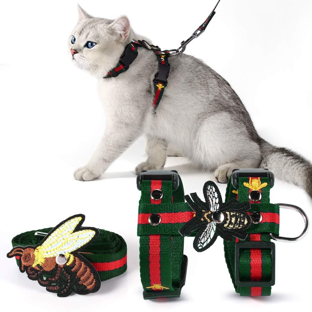 Unihubys Cat Harness with Leash Set- Adjustable Embroidered Bee H Style Harness and Leash for Walking (M, Green)