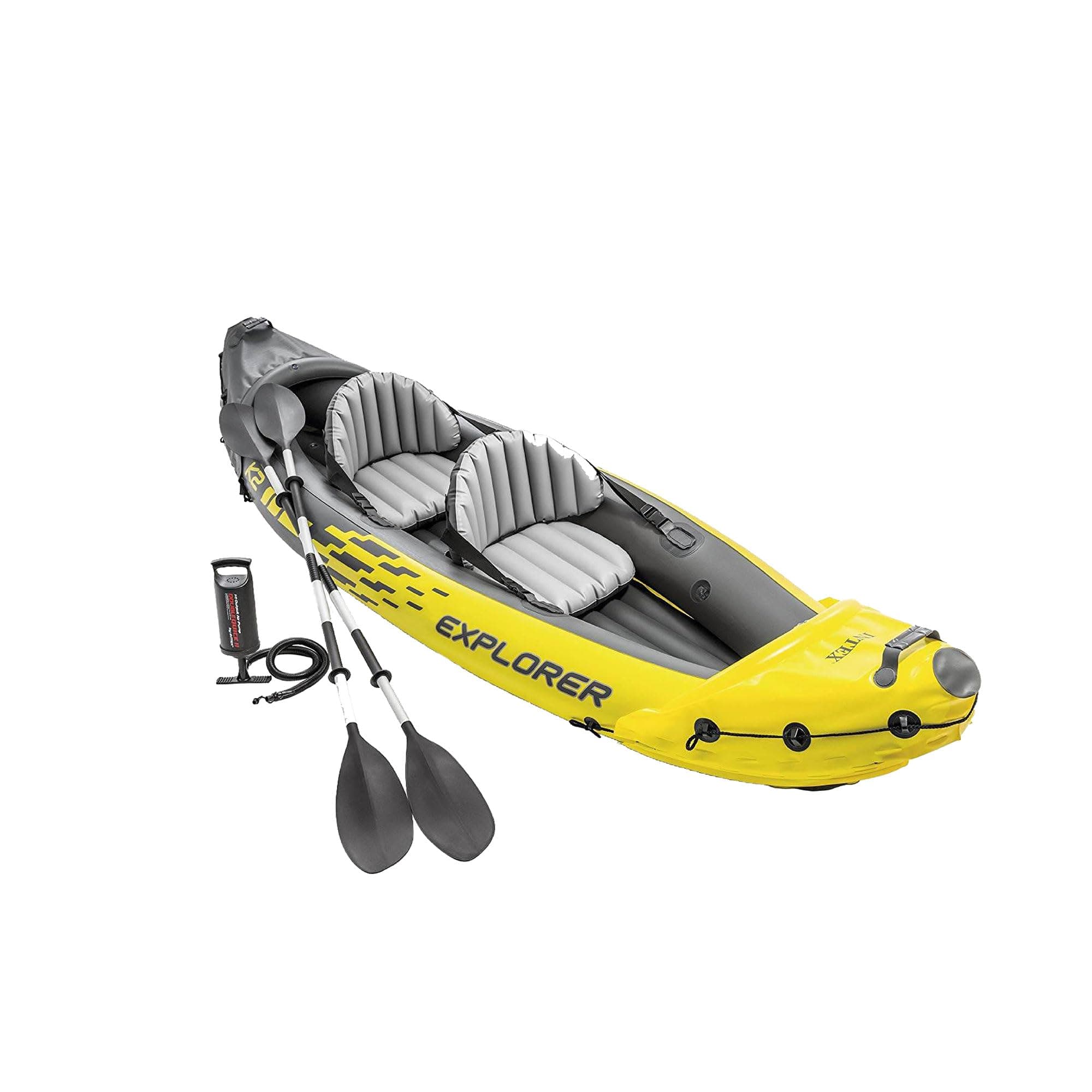 Intex 68307EP Explorer K2 Inflatable Kayak Set: Includes Deluxe 86in Aluminum Oars and High-Output Pump – SuperStrong PVC – Adjustable Seats with Backrest – 2-Person – 400lb Weight Capacity