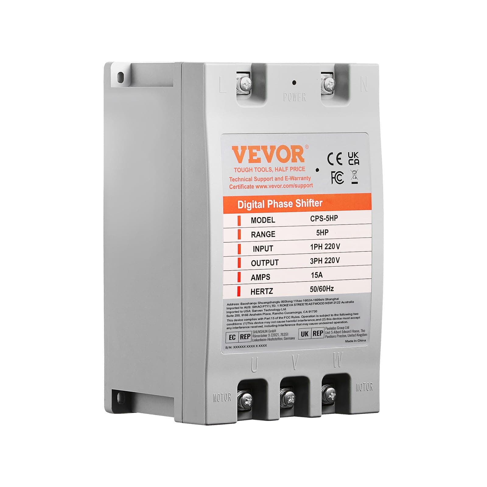 VEVOR Single Phase to 3 Phase Converter - 5HP 15A Digital Phase Shifter for Residential and Light Commercial Use, 220V-240V Input/Output (One Converter for One Motor Only)