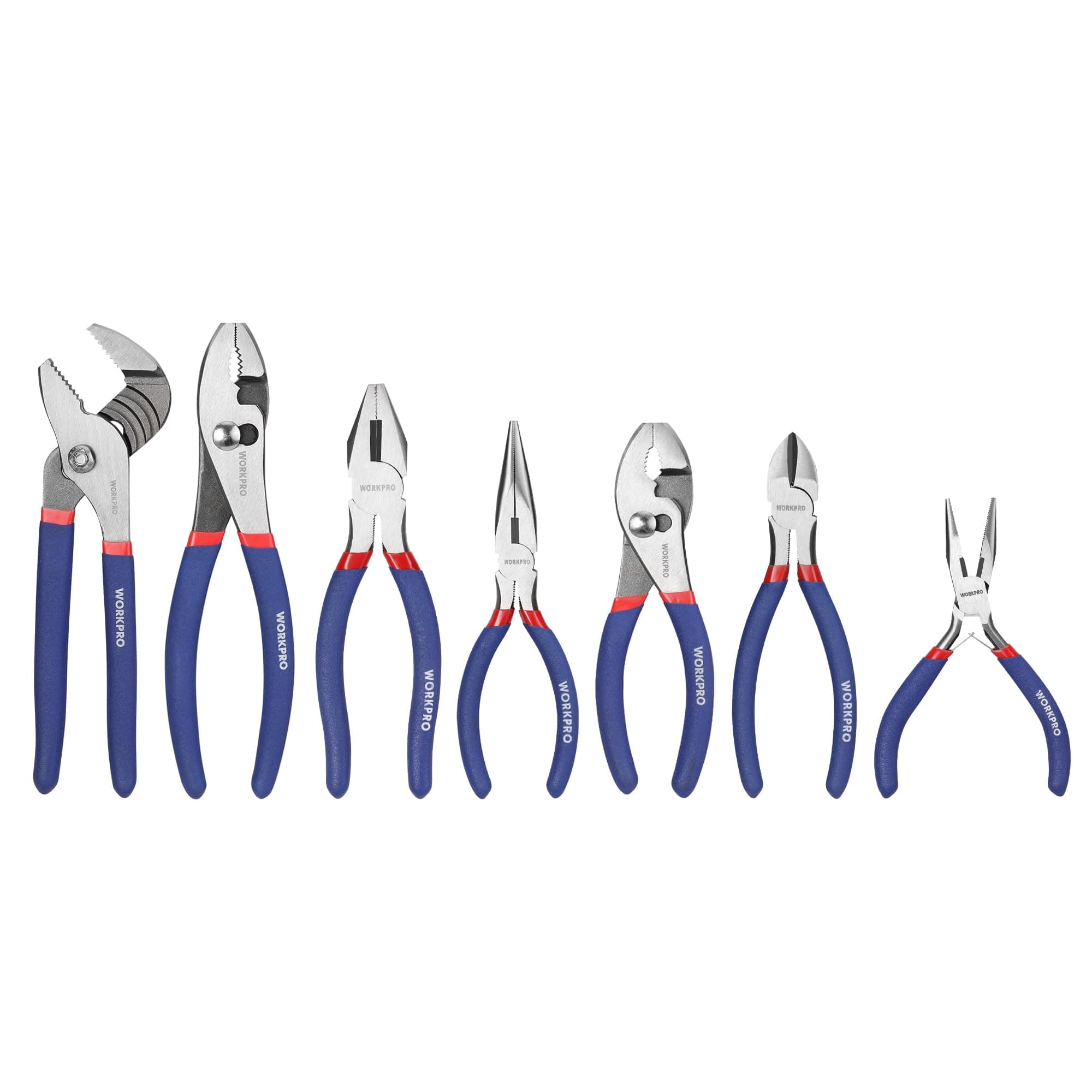 7-Piece WORKPRO Pliers Set with Groove Joint, Long Nose, Slip Joint, Linesman, and Diagonal Pliers for DIY & Home Use