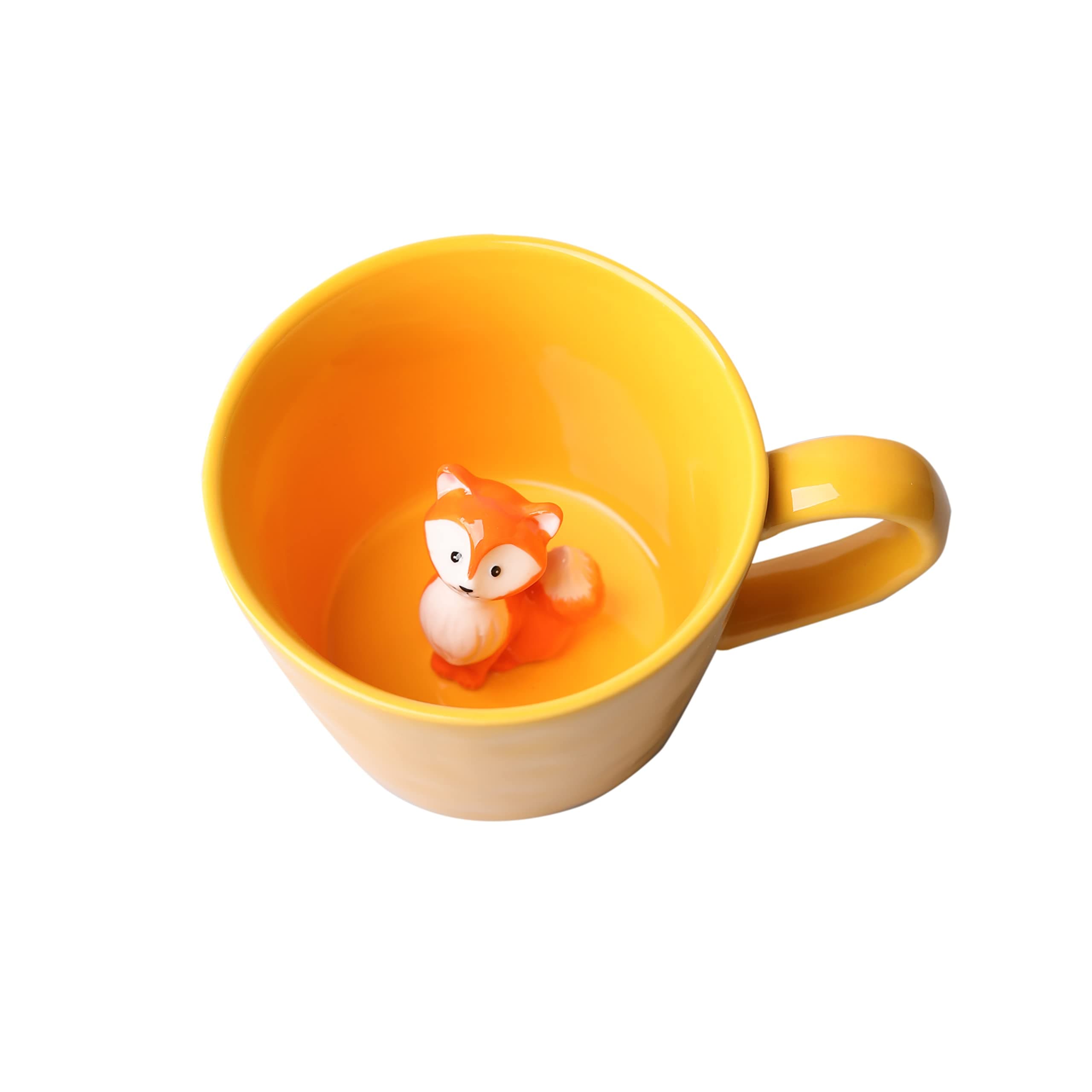 DIHOclub Fox Ceramic Cup Hidden 3D Animal Inside Mug,Cute Cartoon Handmade Figurine Mugs,Holiday and Birthday Gift for Coffee Milk Tea Lovers,12 OZ(Yellow)