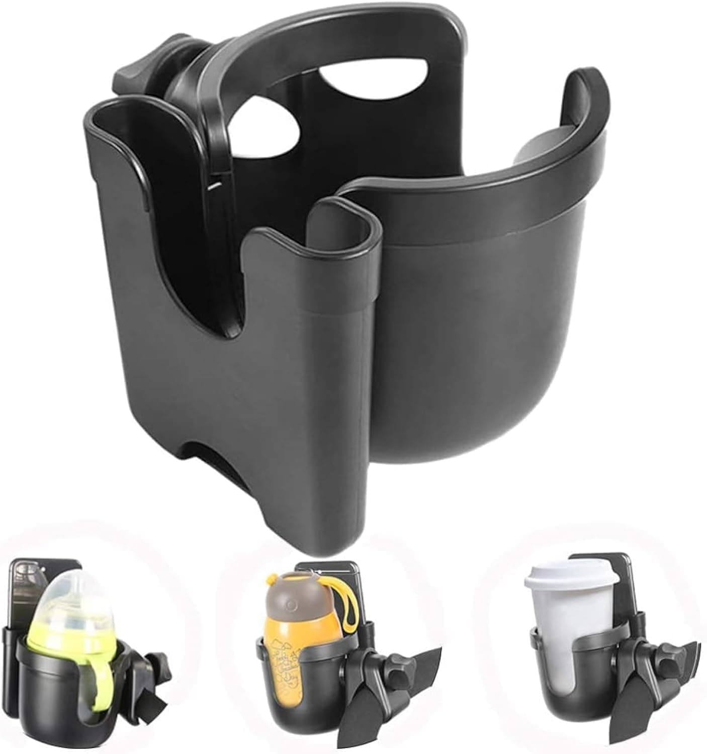Universal Cup Holder,2-in-1 Stroller Bottle Holder with Phone 360 Degrees Rotation Large Caliber Drink Rack for Pushchair Crib Bicycle Wheelchair Walker Scooter Fishing Rod Treadmill