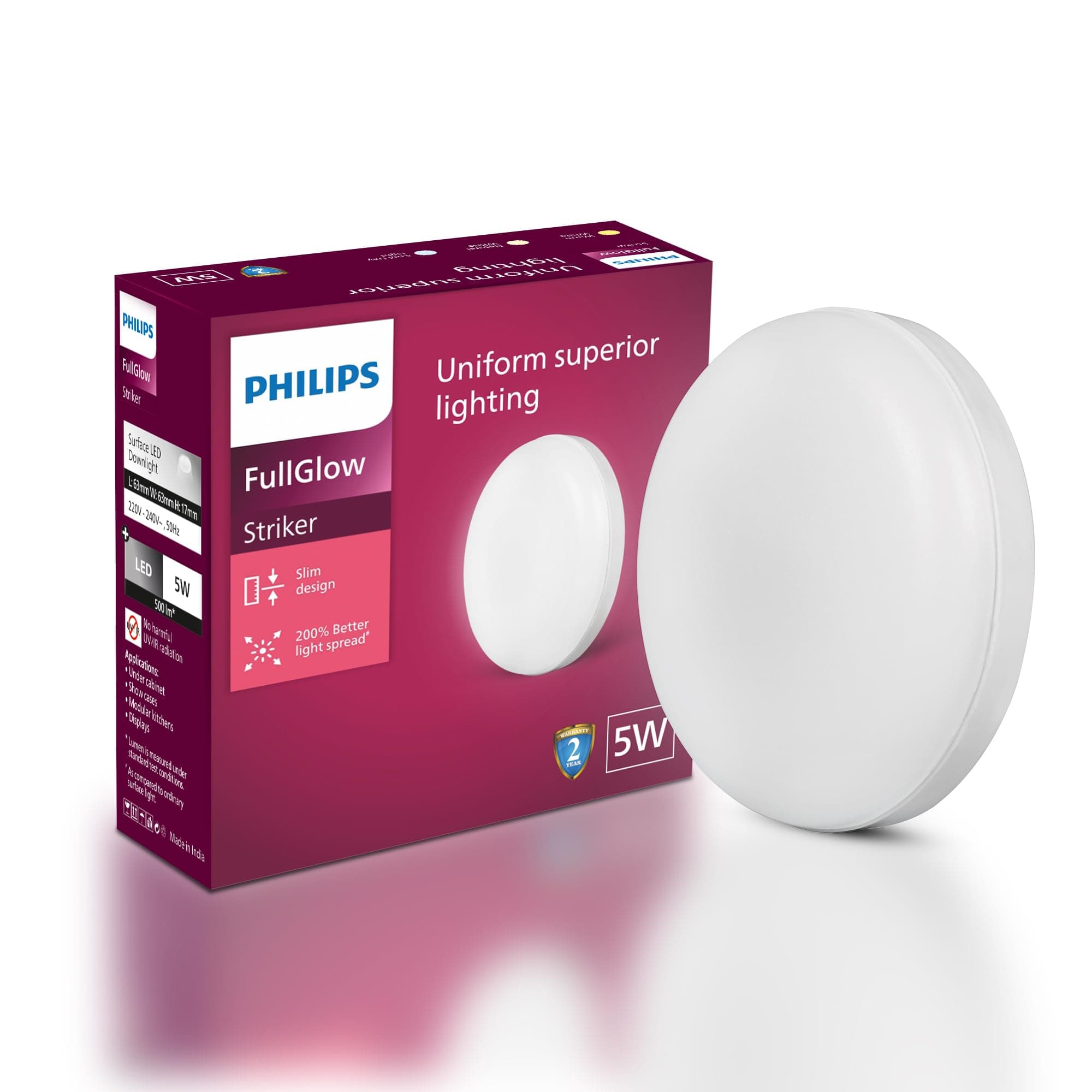 Philips polycarbonate Rimless Full Glow 5-watt Round LED Surface Downlighter|Striker Surface Under Cabinet LED Light for Decoration|Warm White, Pack of 1