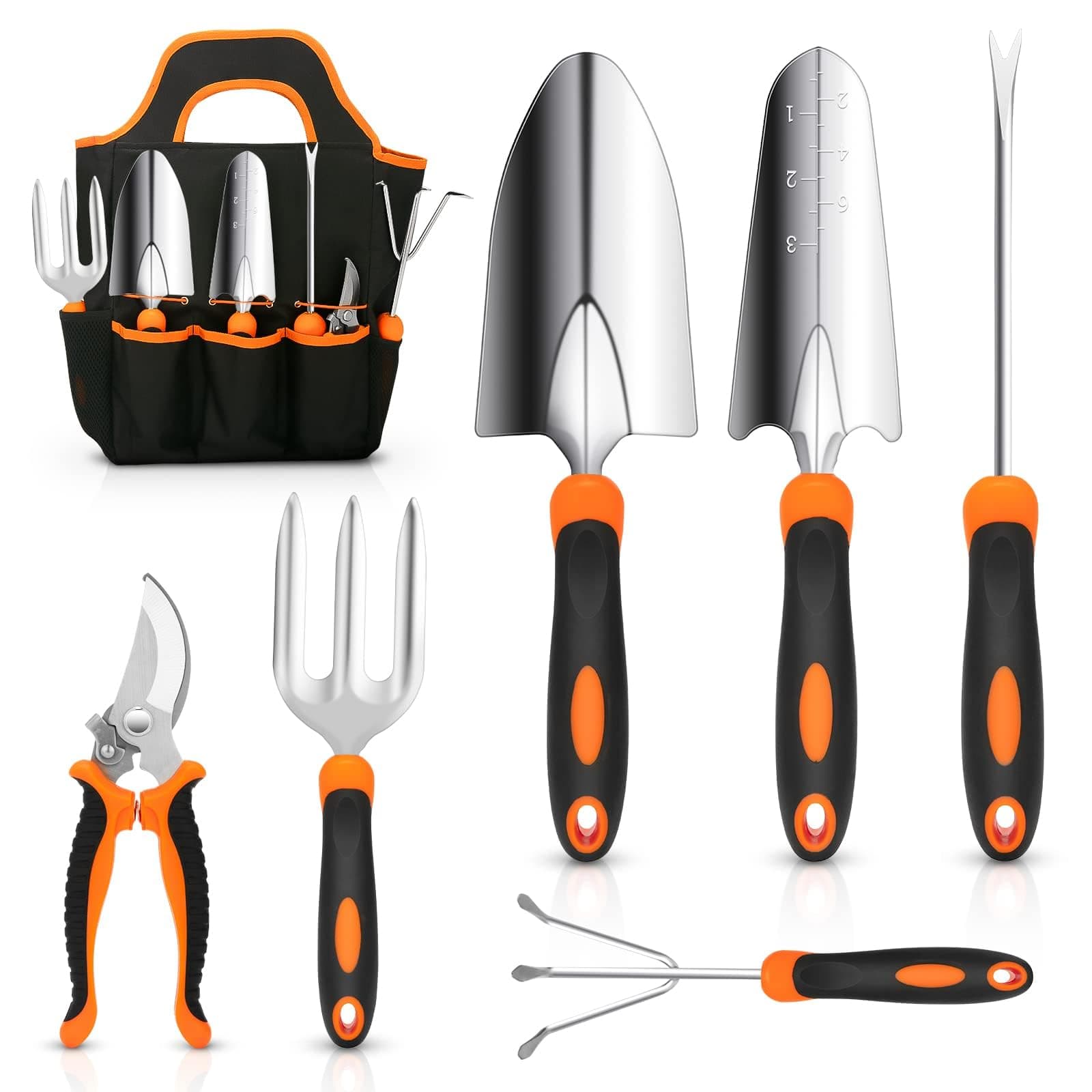 BIGTHREE Garden Tools Set, 7 Pcs Stainless Steel Heavy Duty Gardening Tool Set, with Non-Slip Rubber Grip, Storage Tote Bag, Outdoor Hand Tools, Ideal Garden Tool Kit Gifts for Women and Men
