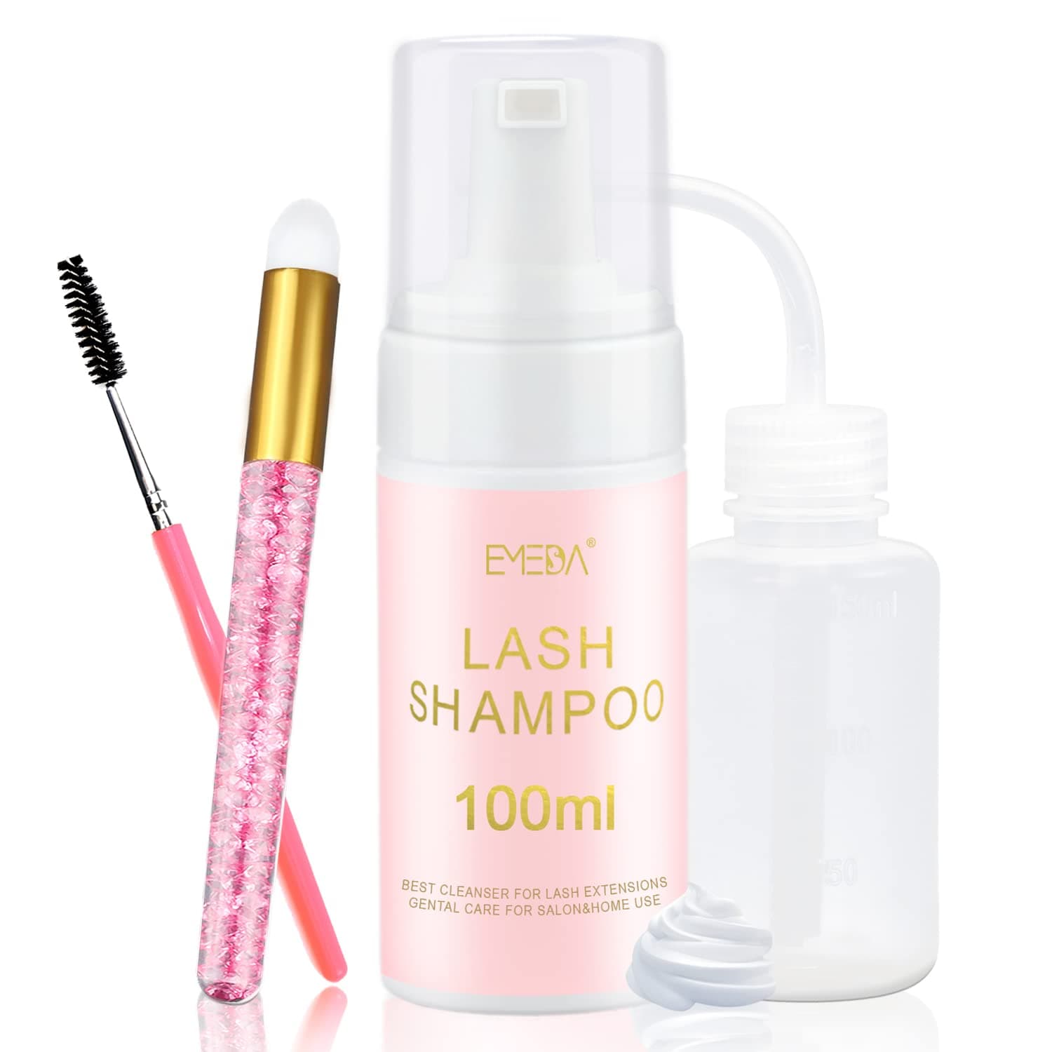 EMEDA Lash Shampoo Kit - 3.38 fl.oz / 100ml Gentle Foam Lash Cleanser, Oil-Free Cleaning for Wash Extension/Natural Eyelash Bath with Rinse Bottle Lash Brush