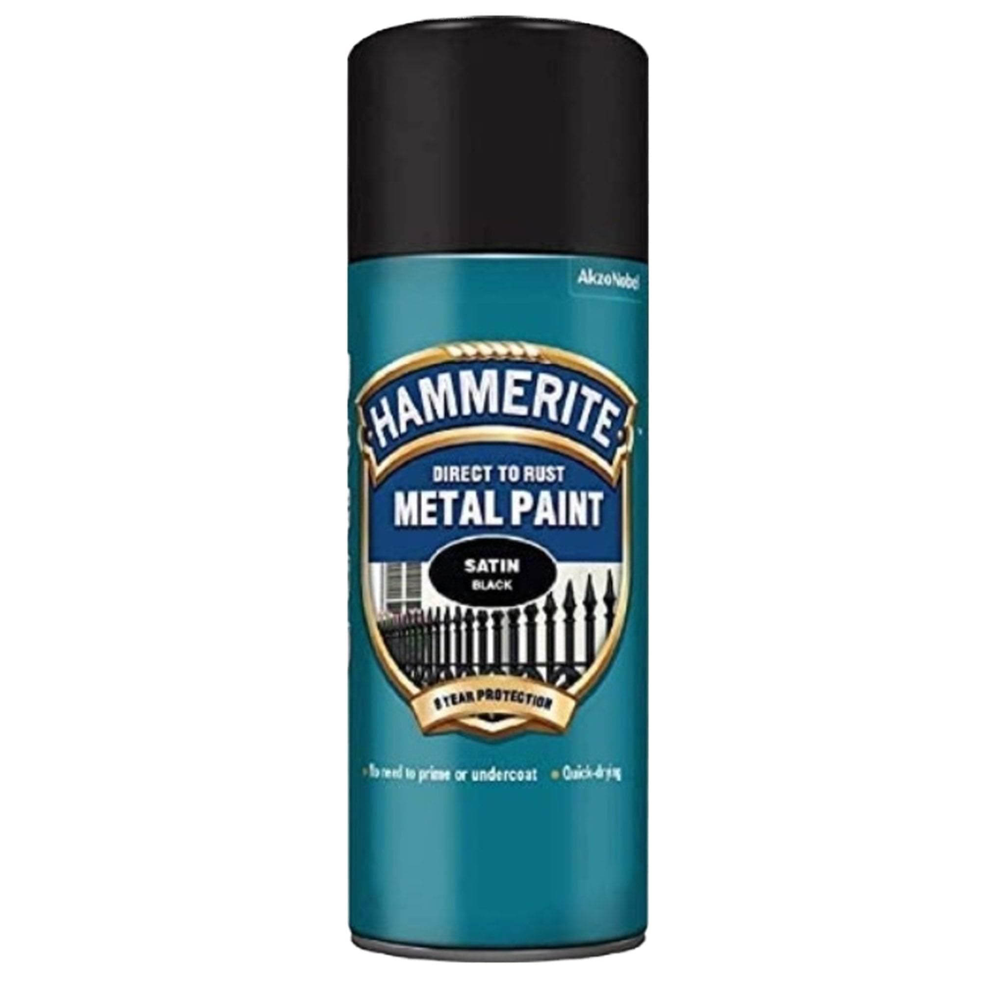 Hammerite Spray Paint for Metal. Direct to Rust Exterior Black Metal Paint, Satin Finish. Corrosion Resistant Black Paint and Rust Remover, 8 Year Protection - 400ml Aerosol 0.5 SqM Coverage