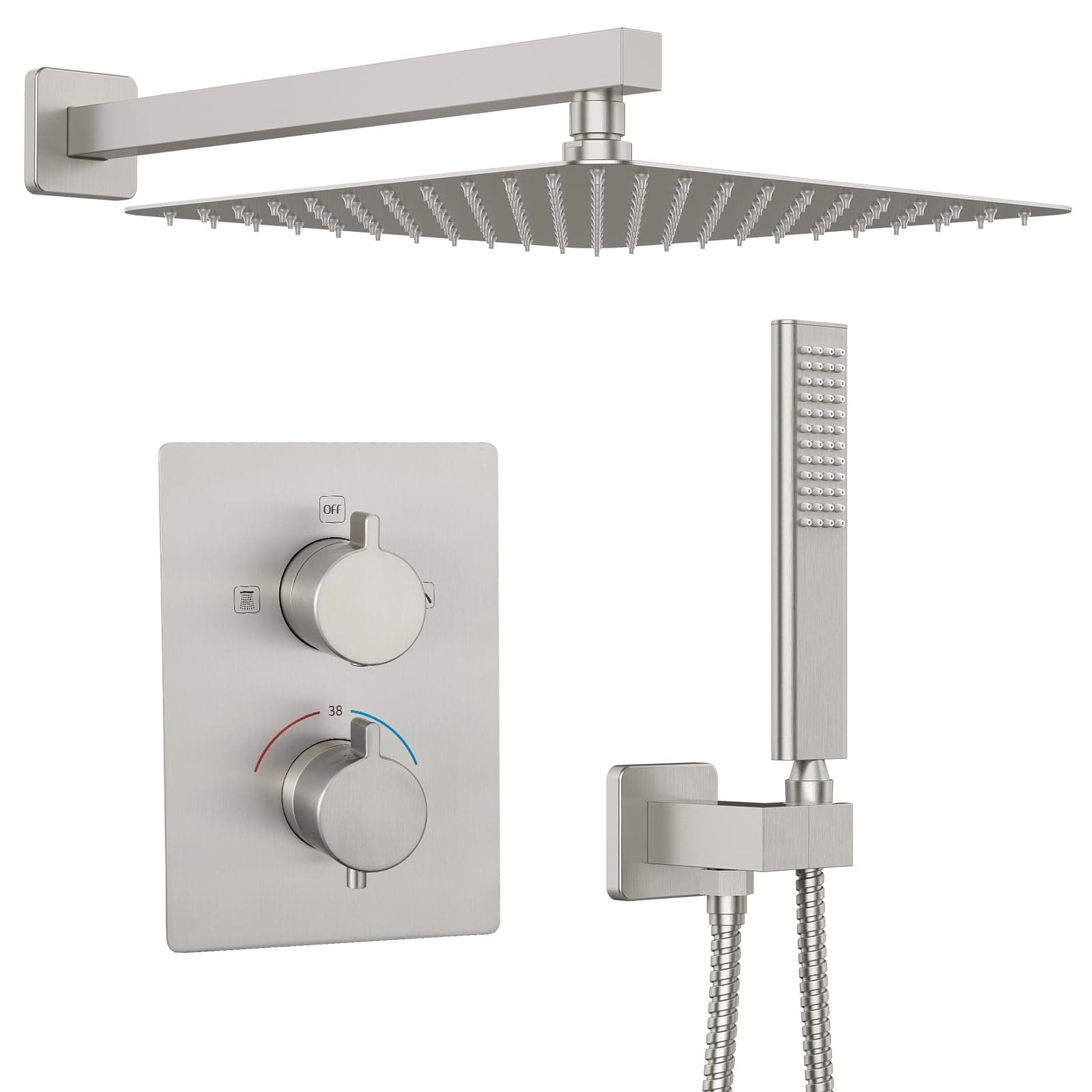 Iriber Thermostatic Shower System Wall Mount with 12 Inch Rainfall Shower Head and Handheld Bathroom Shower Set Contain Shower Faucet Mixer Valve Trim Kit (Valve Included),Brushed Nickel