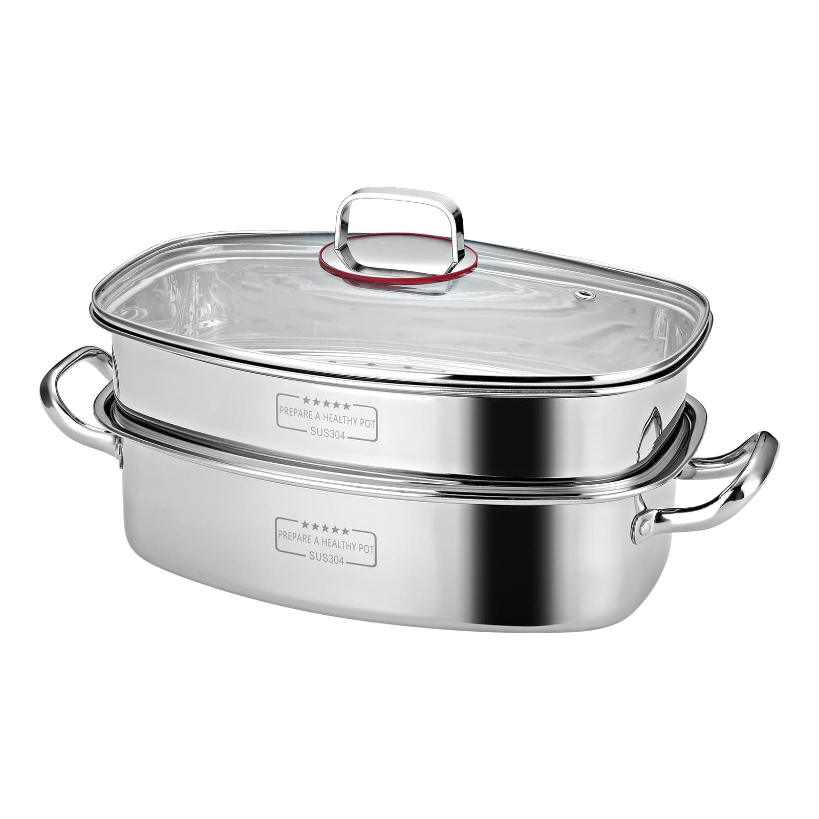 Eglaf 2-Tier Stainless Steel Fish Steamer - Multi-Use Square Steaming Cookware with Rack, Ceramic Plate, Chuck, Oven Mitts - Stockpot for Steaming Fish, Boiling Soup