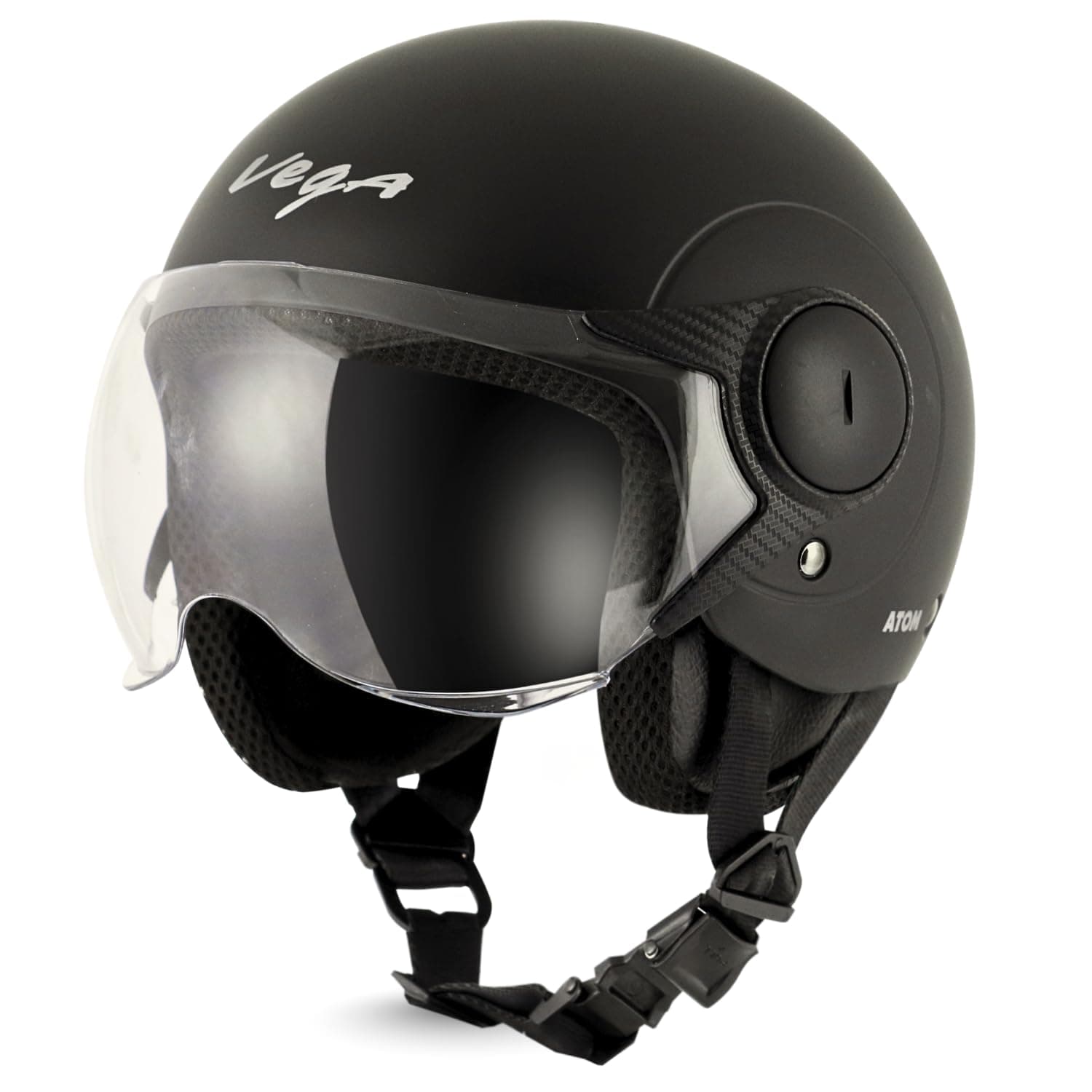 Vega Atom ISI Certified Smooth Matt Finish Open Face Helmet for Men and Women with Clear Visor(Dull Black Size:M)