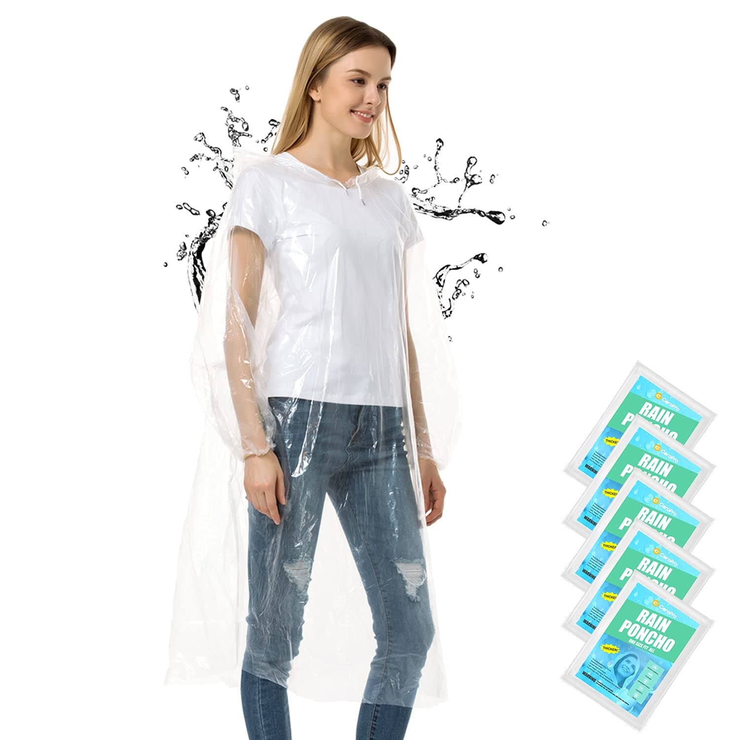 CeroProRain Ponchos for Adults Disposable - 5 Pack Bulk Extra Thick Emergency Waterproof Rain Poncho with Drawstring Hood Raincoat for Men Women Plastic Clear Rain Gear for Disney Hiking Travel (5Pack)