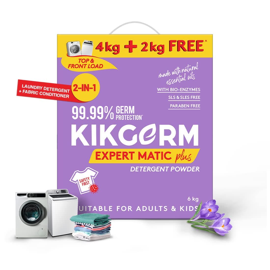 ELO Clean by KIKGERM 2-in-1 ADVANCED Top & Front Load Detergent Powder + FABRIC CONDITIONER (6KG) 4KG +2KG FREE | Tough Stain Removal + Soft Clothes | No Harmful Chemicals | Washing Machines Surf