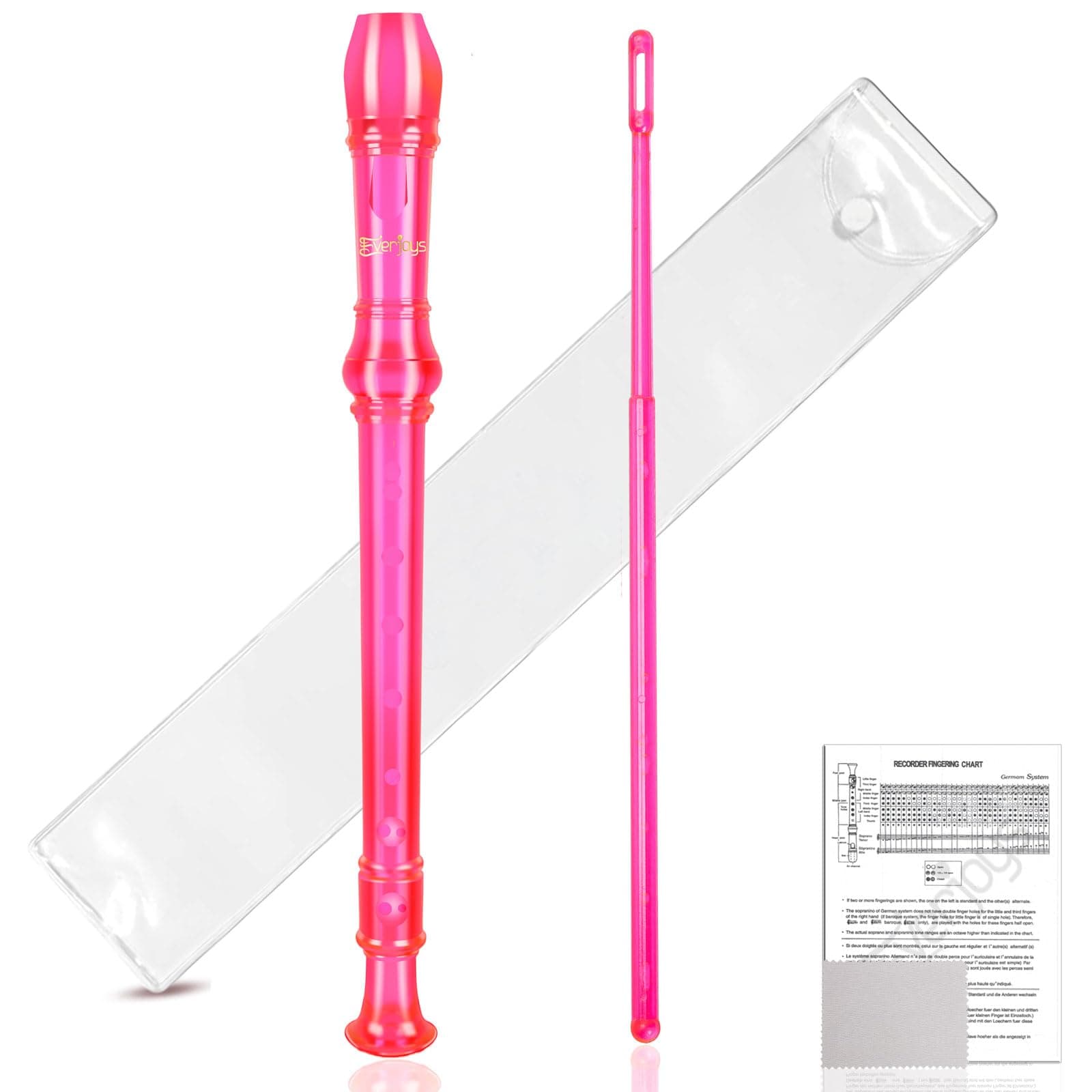 Everjoys Soprano Recorder for Beginners Students in School - German Style C Key 8 Hole Flute Detachable 3pcs ABS Crystal Music Recorder w/Cleaning Rod,Bag and Fingering Chart, Transparent Bobby Pink
