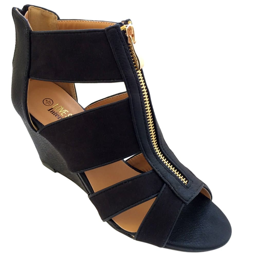 High Block Heel Strap Peep Toe Front Zip Peep Toe Suede Shoes Ladies Womens